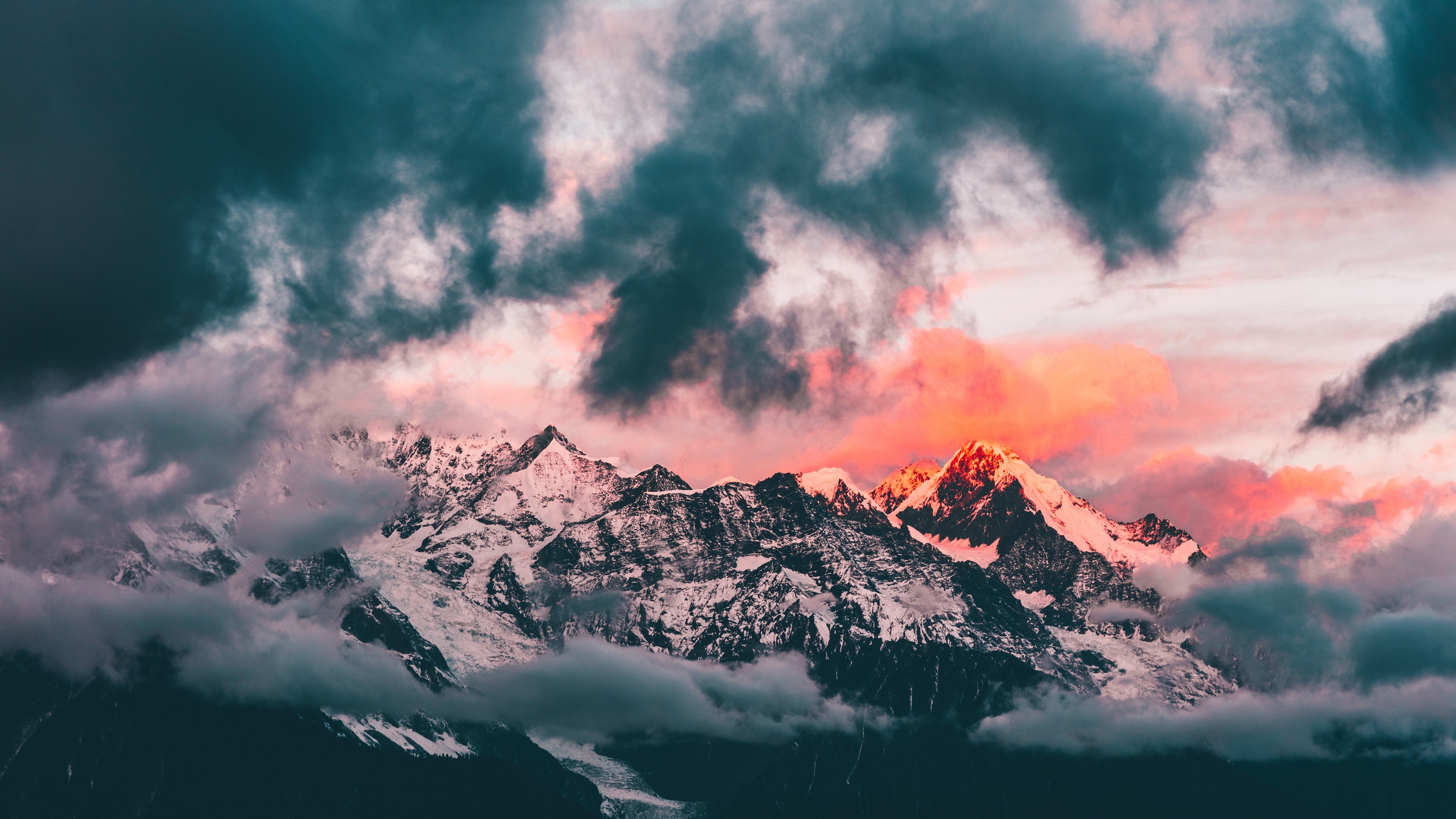 mountains, clouds, winter, nature, landscape, sunset, HD Wallpaper