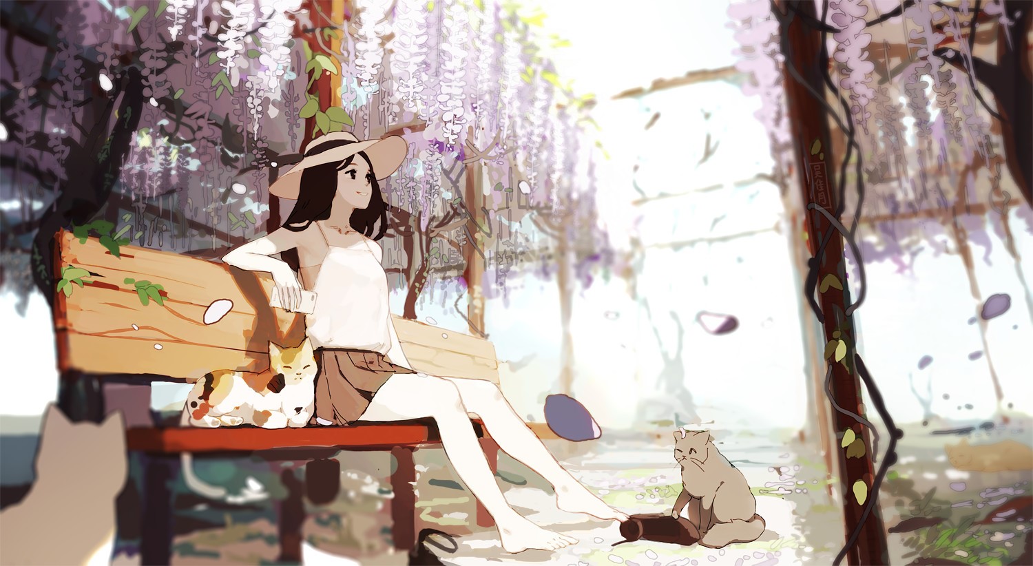 anime, anime girls, cats, illustration, garden, HD Wallpaper