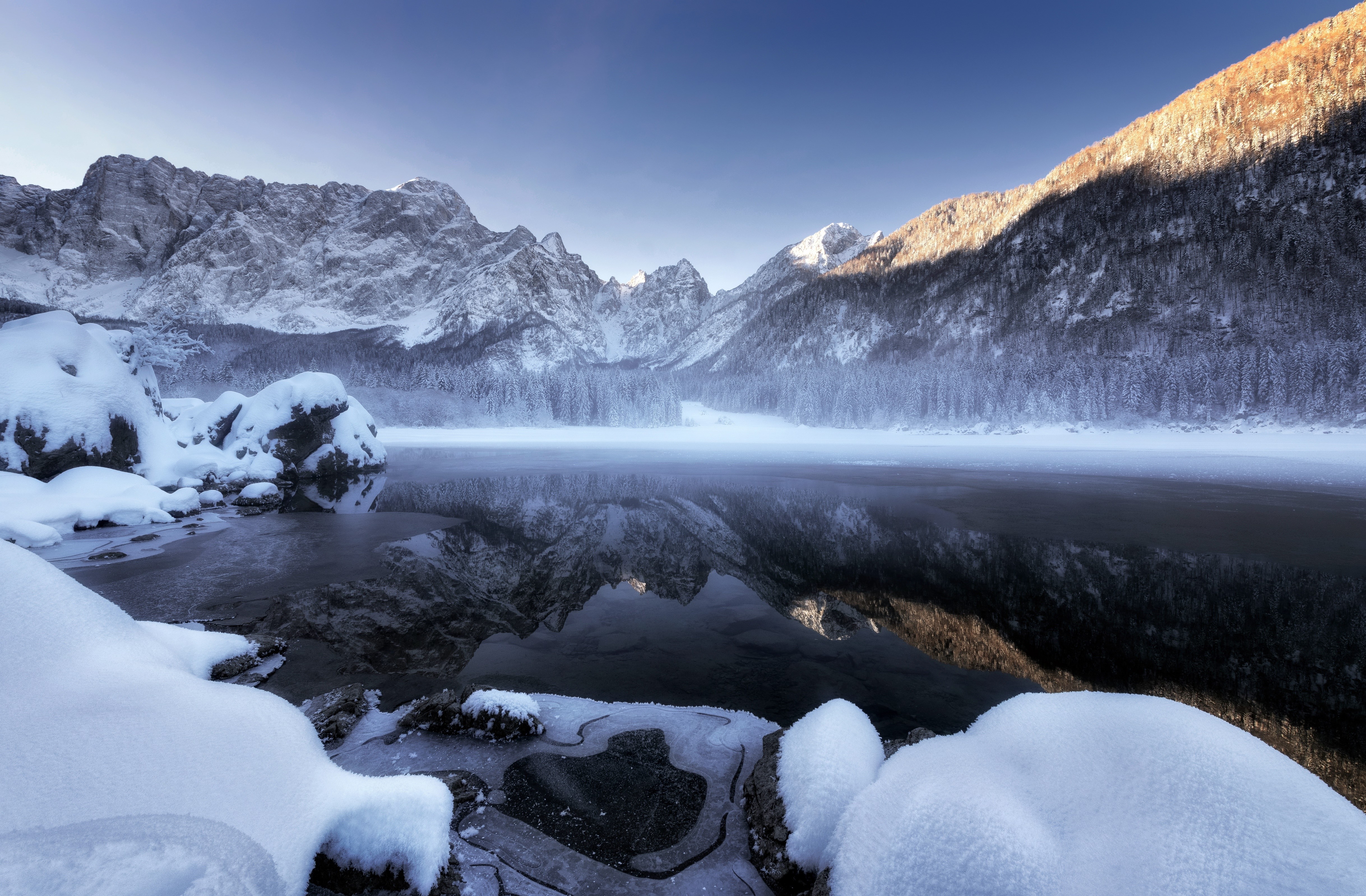 snow, winter, landscape, mountains, nature, reflection, HD Wallpaper