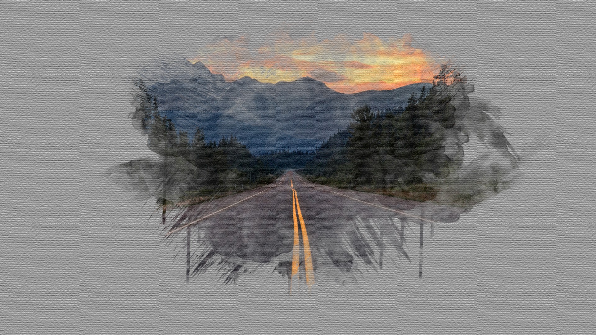 road, sunset, mountains, canvas, forest, HD Wallpaper