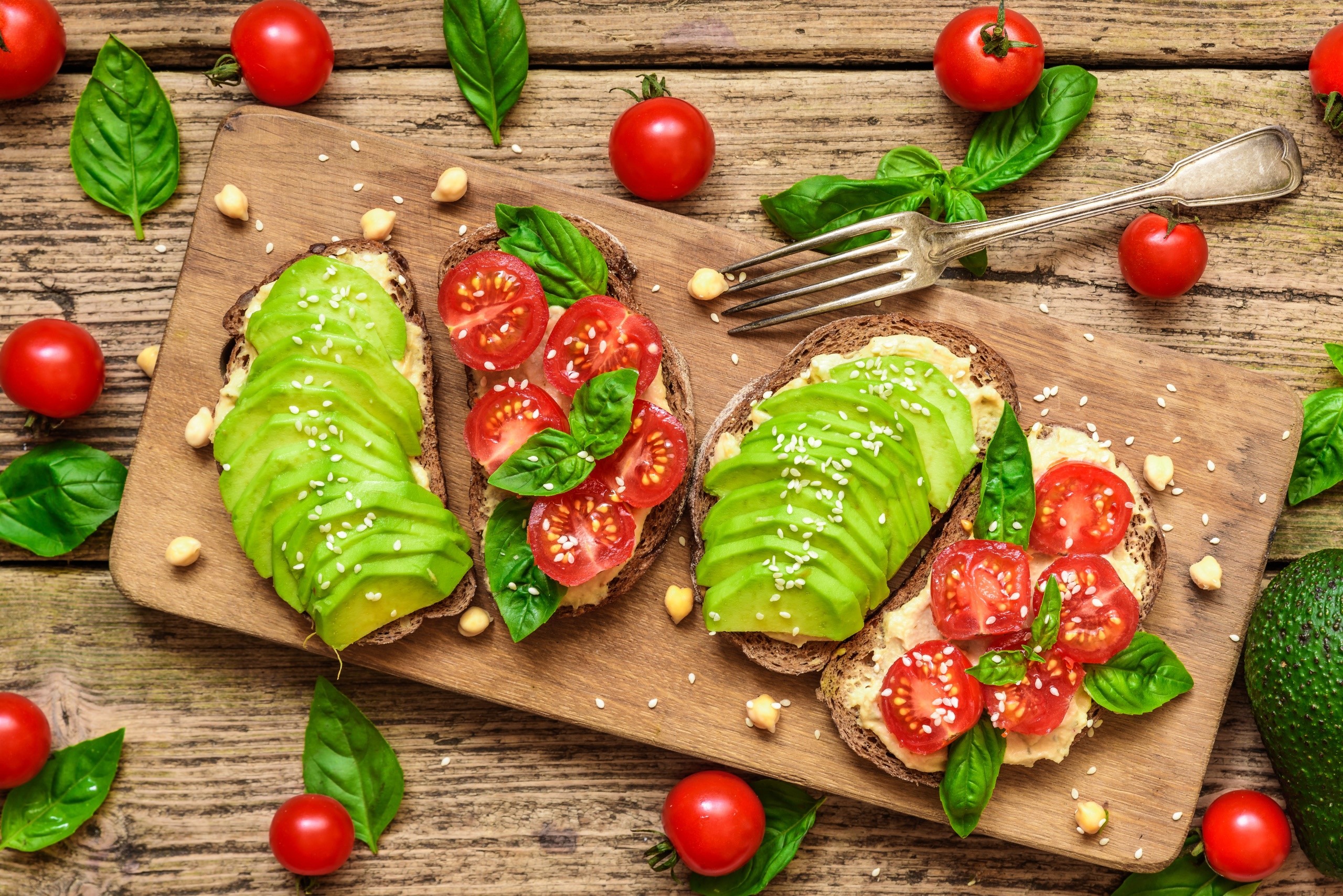 food, bread, fork, tomatoes, wooden surface, cutting board, toast, Avocado, basil, HD Wallpaper