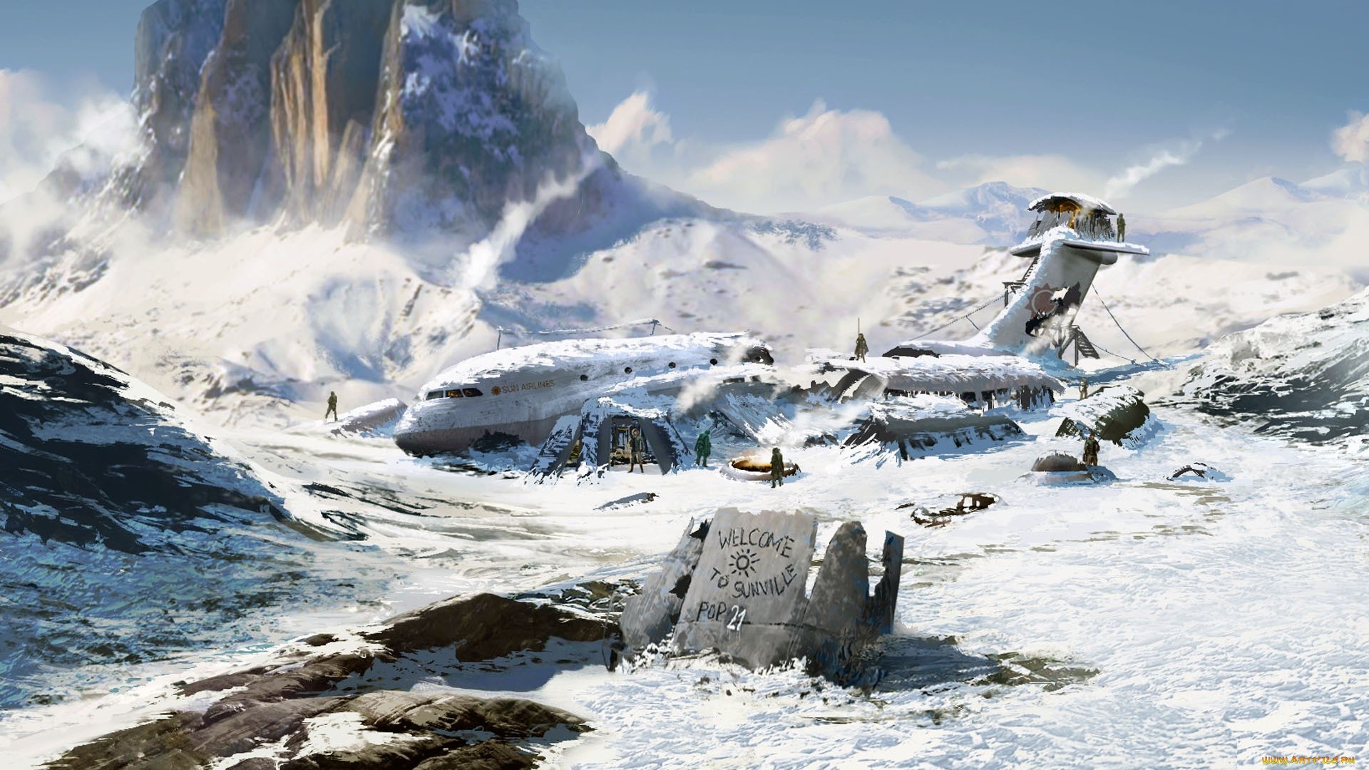 wreck, aircraft, artwork, snow, mountains, HD Wallpaper