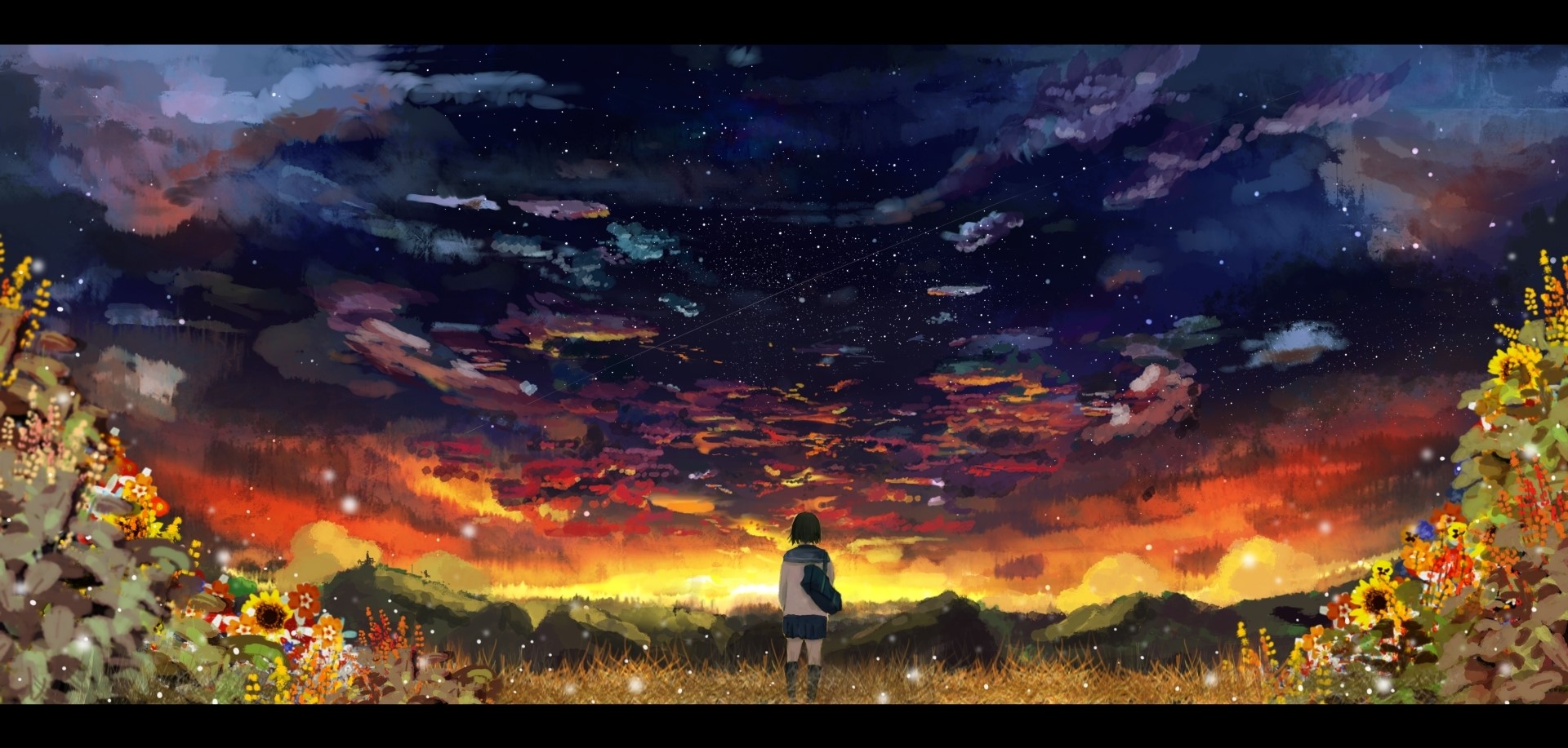 sky, sunset, schoolgirl, stars, nature, horizon, clouds, artwork, anime girls, anime, HD Wallpaper