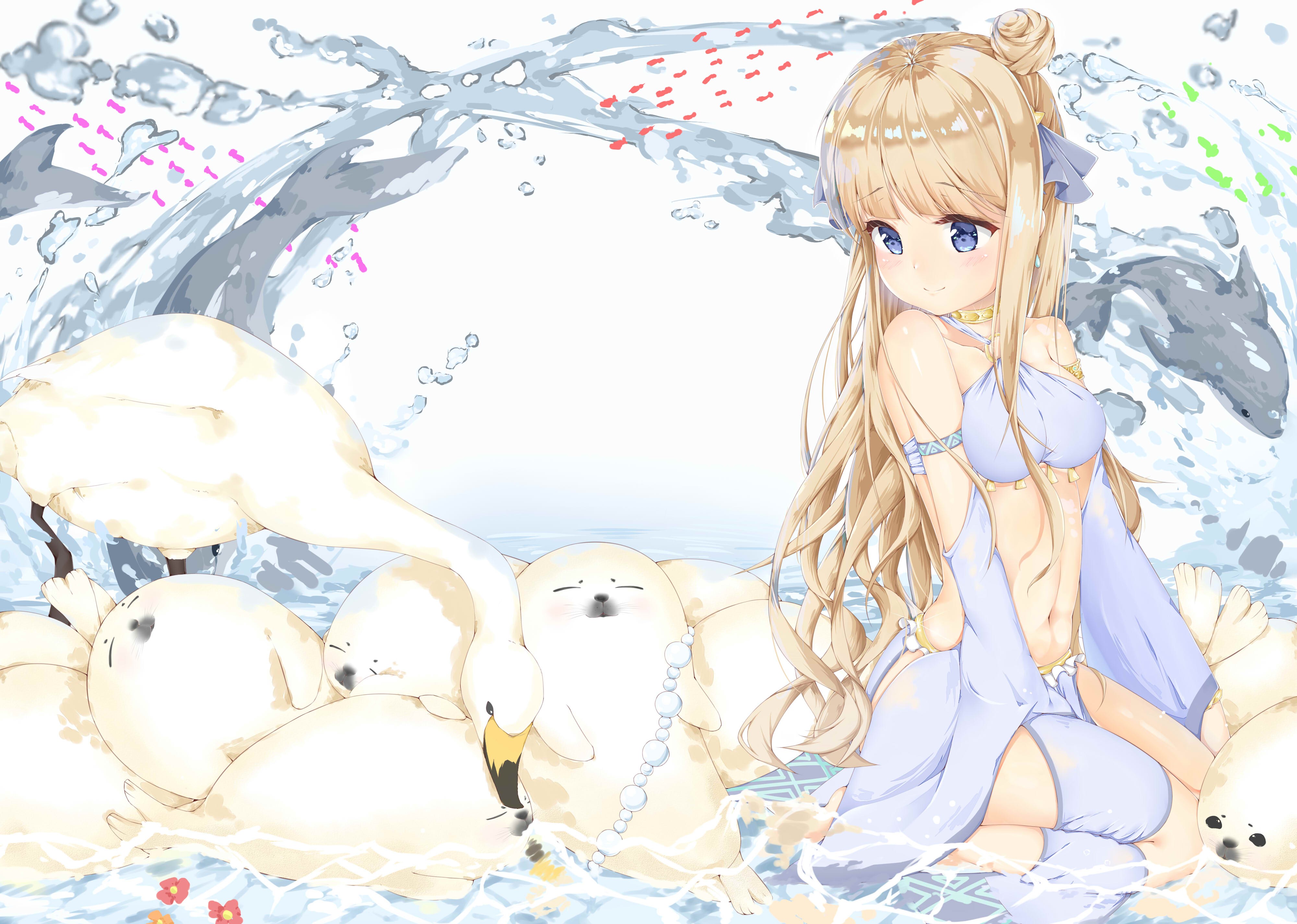 blonde, blue eyes, anime girls, belly, kneeling, anime, animals, HD Wallpaper