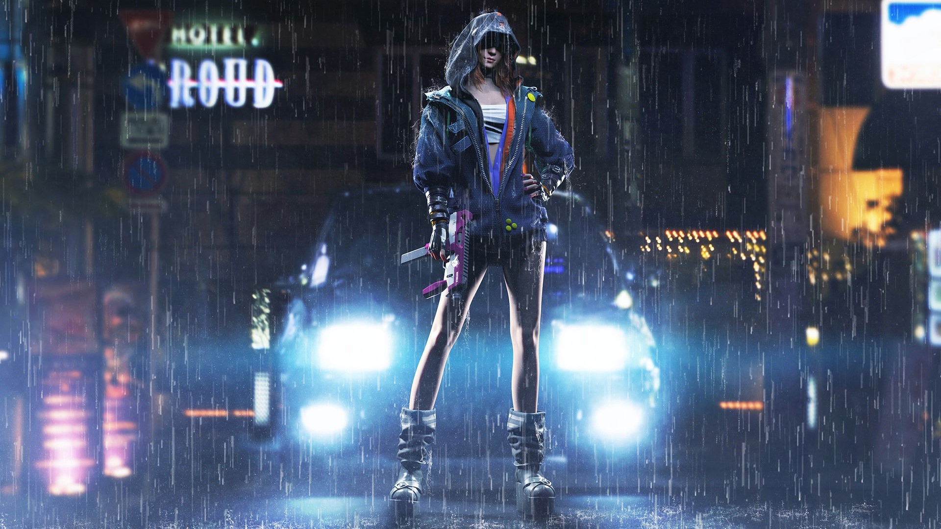 women, car, artwork, rain, night, hoods, weapon, vehicle, standing, HD Wallpaper