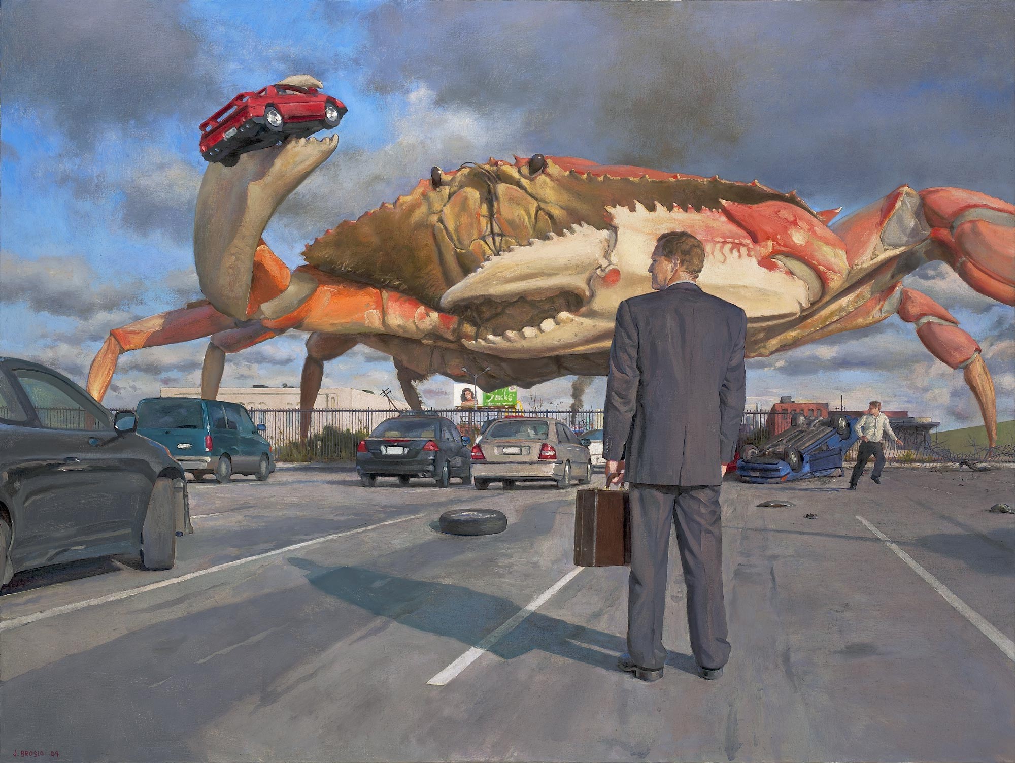 digital art, fantasy art, surreal, John Brosio, artwork, animals, painting, crabs, car, men, giant, parking, destruction, shadow, HD Wallpaper