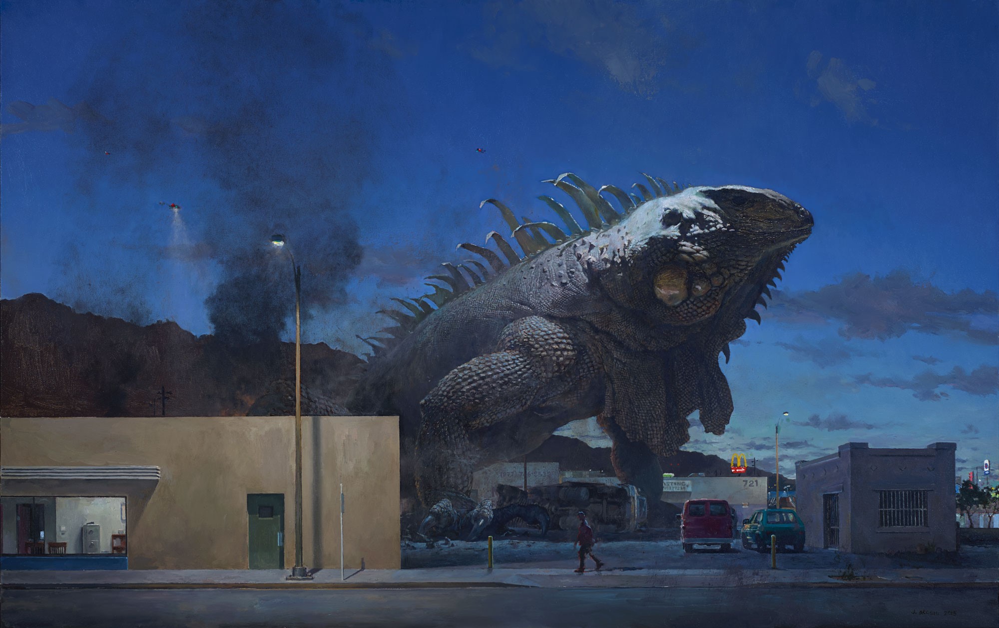 digital art, fantasy art, surreal, John Brosio, artwork, animals, painting, chameleons, giant, urban, night, HD Wallpaper