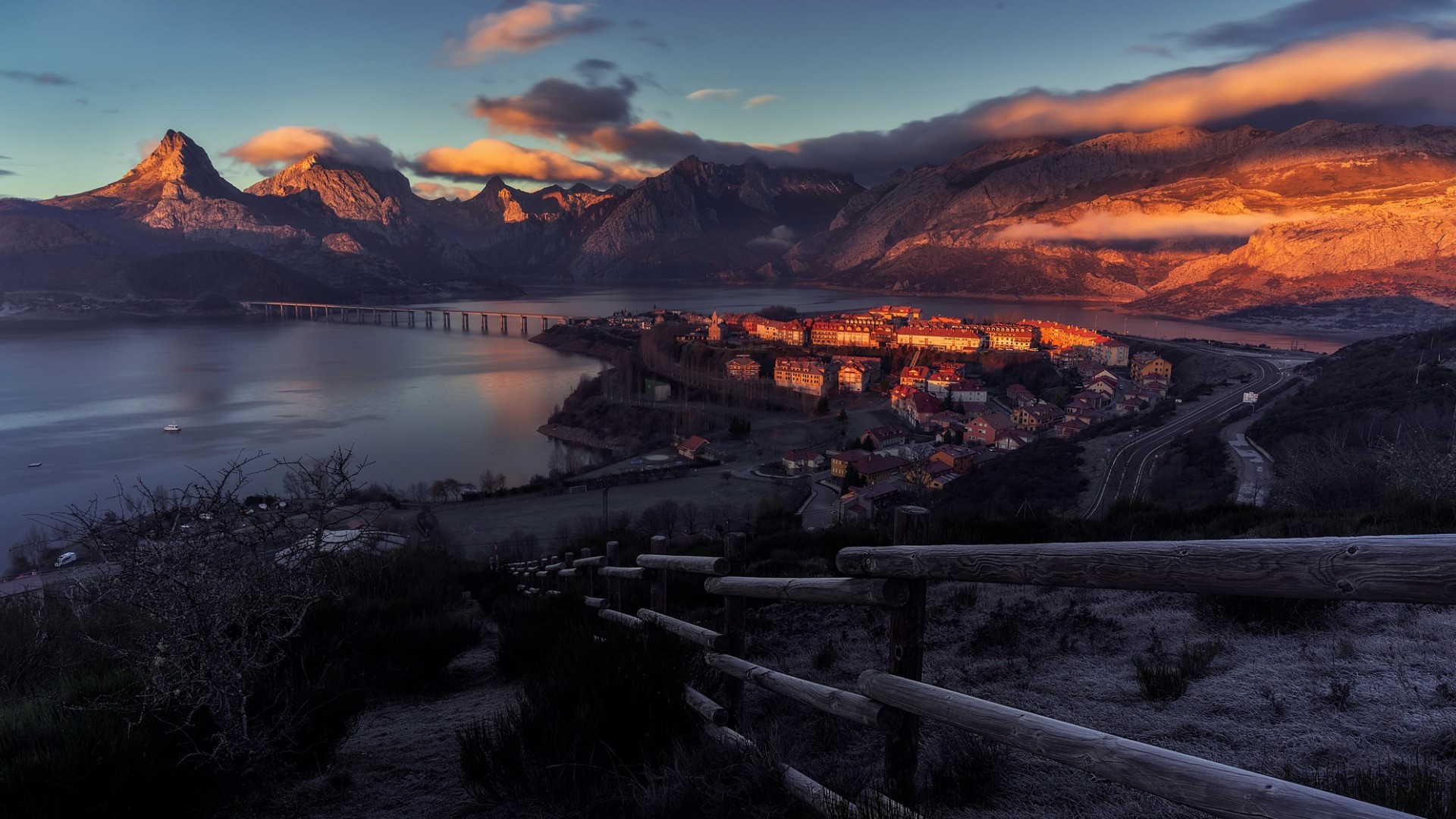 nature, landscape, mountains, clouds, Spain, building, city, fence, bridge, sunset, road, bay, plants, HD Wallpaper