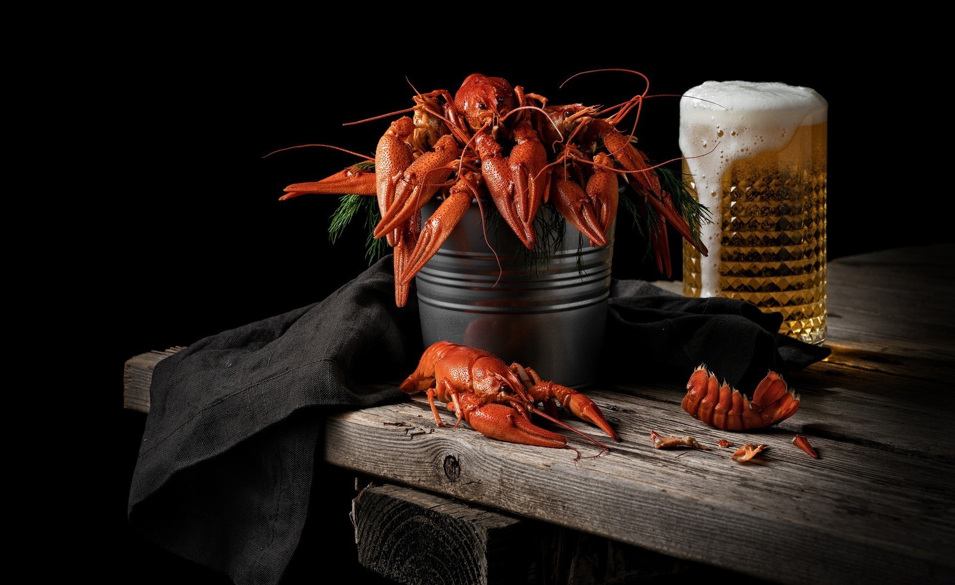 food, still life, seafood, beer, drinking glass, alcohol, lobsters, wooden surface, bucket, HD Wallpaper