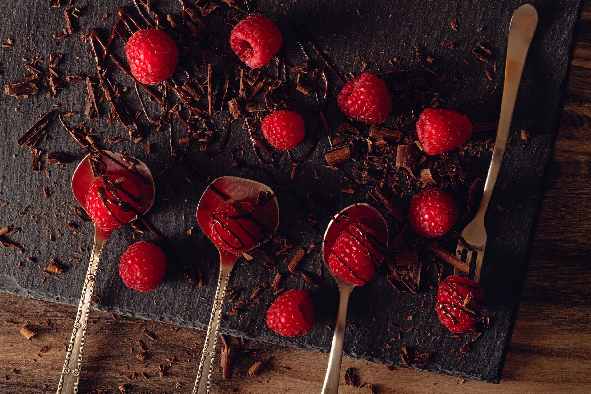 food, fruit, berries, chocolate, spoon, raspberries, HD Wallpaper