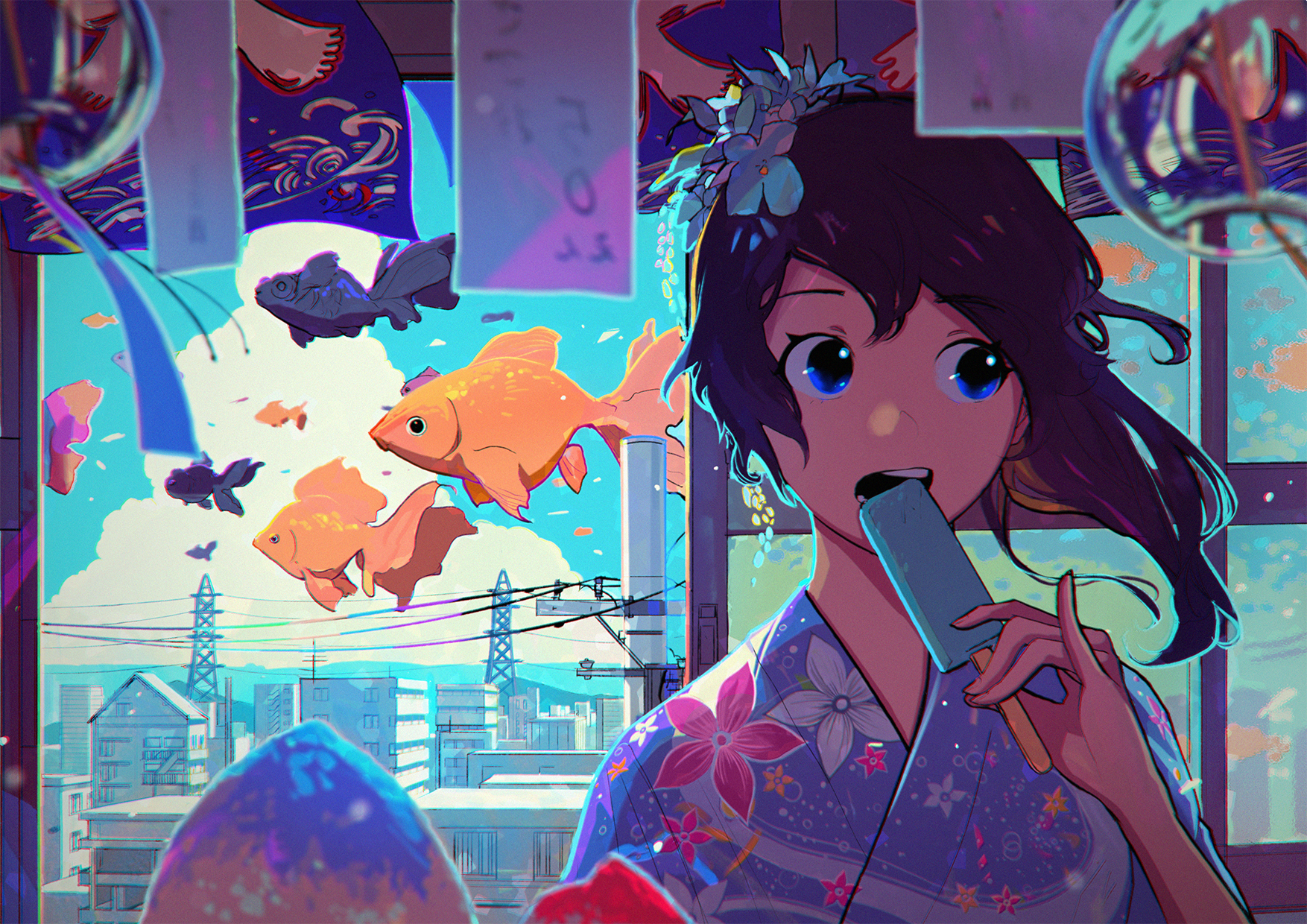 anime, anime girls, blue eyes, popsicle, fish, flower in hair, HD Wallpaper