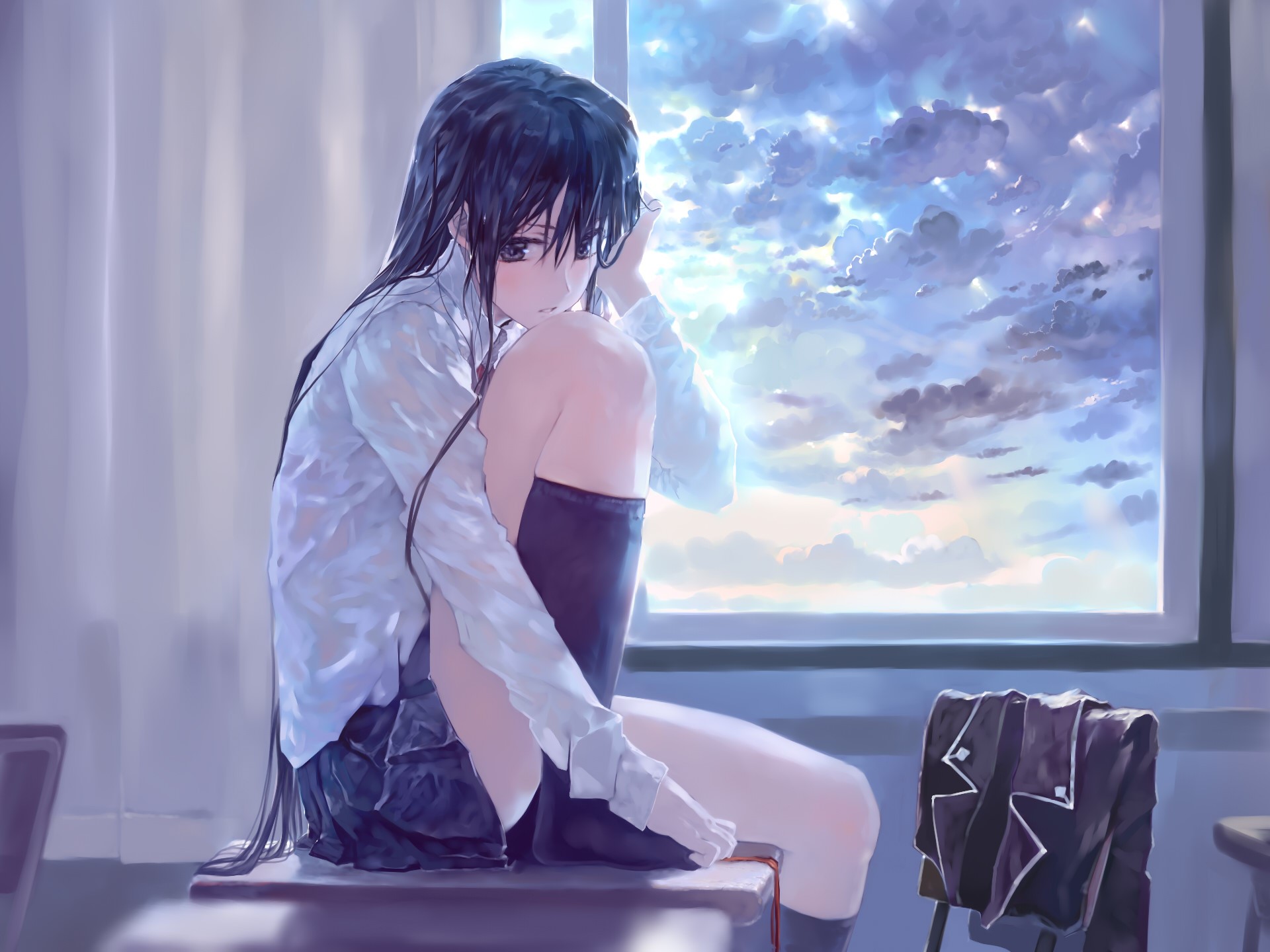 anime, anime girls, indoors, window, legs, dark hair, HD Wallpaper