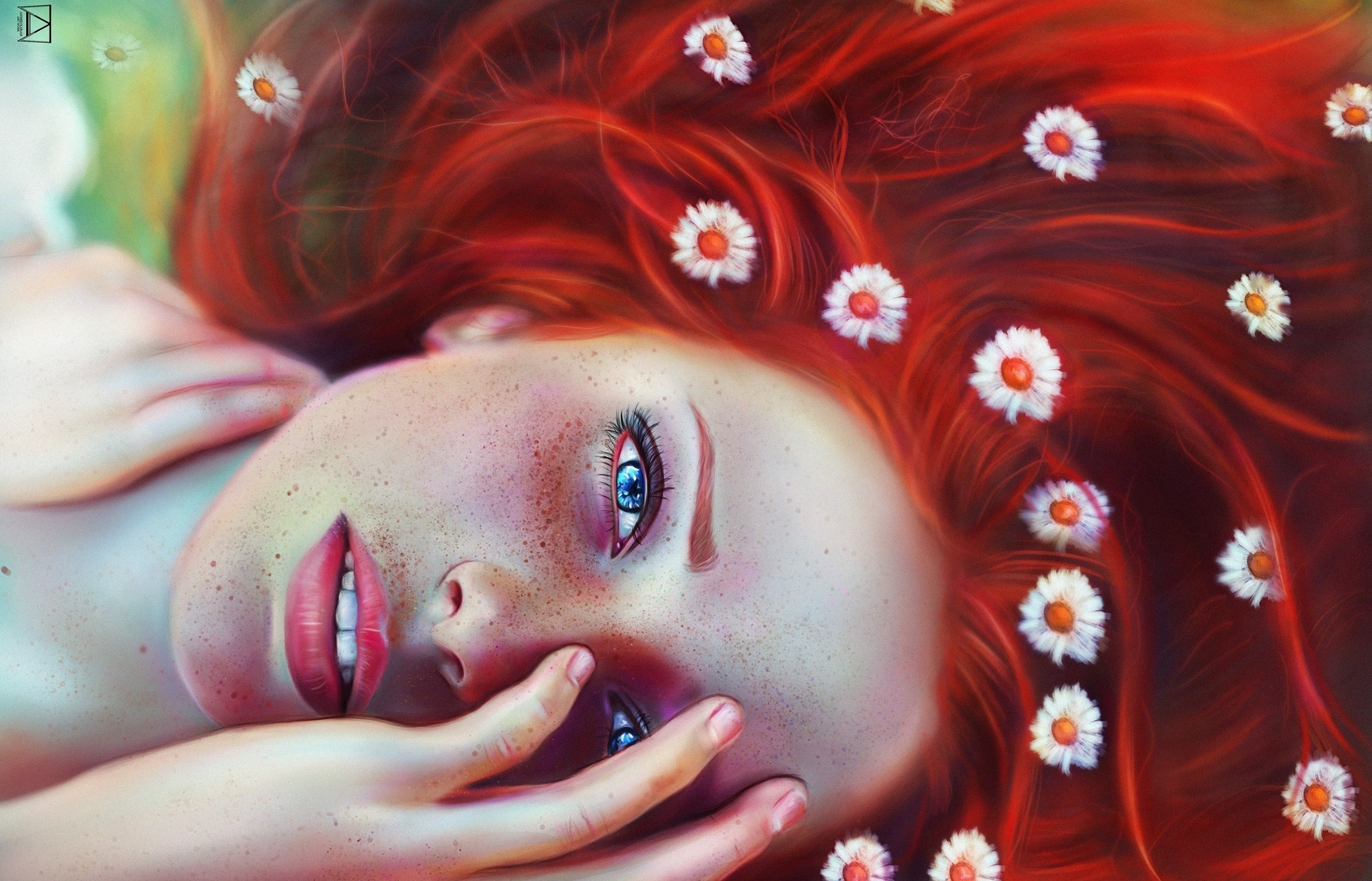 women, artwork, face, flower in hair, redhead, HD Wallpaper