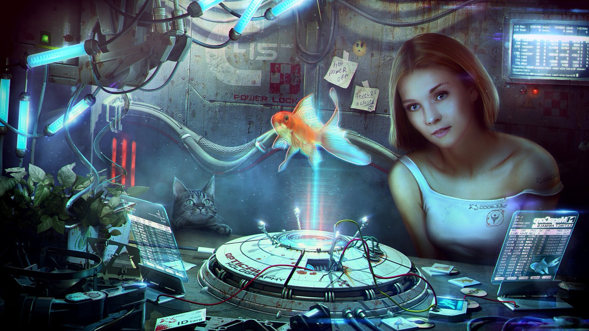 artwork, science fiction, digital art, cats, animals, fish, HD Wallpaper