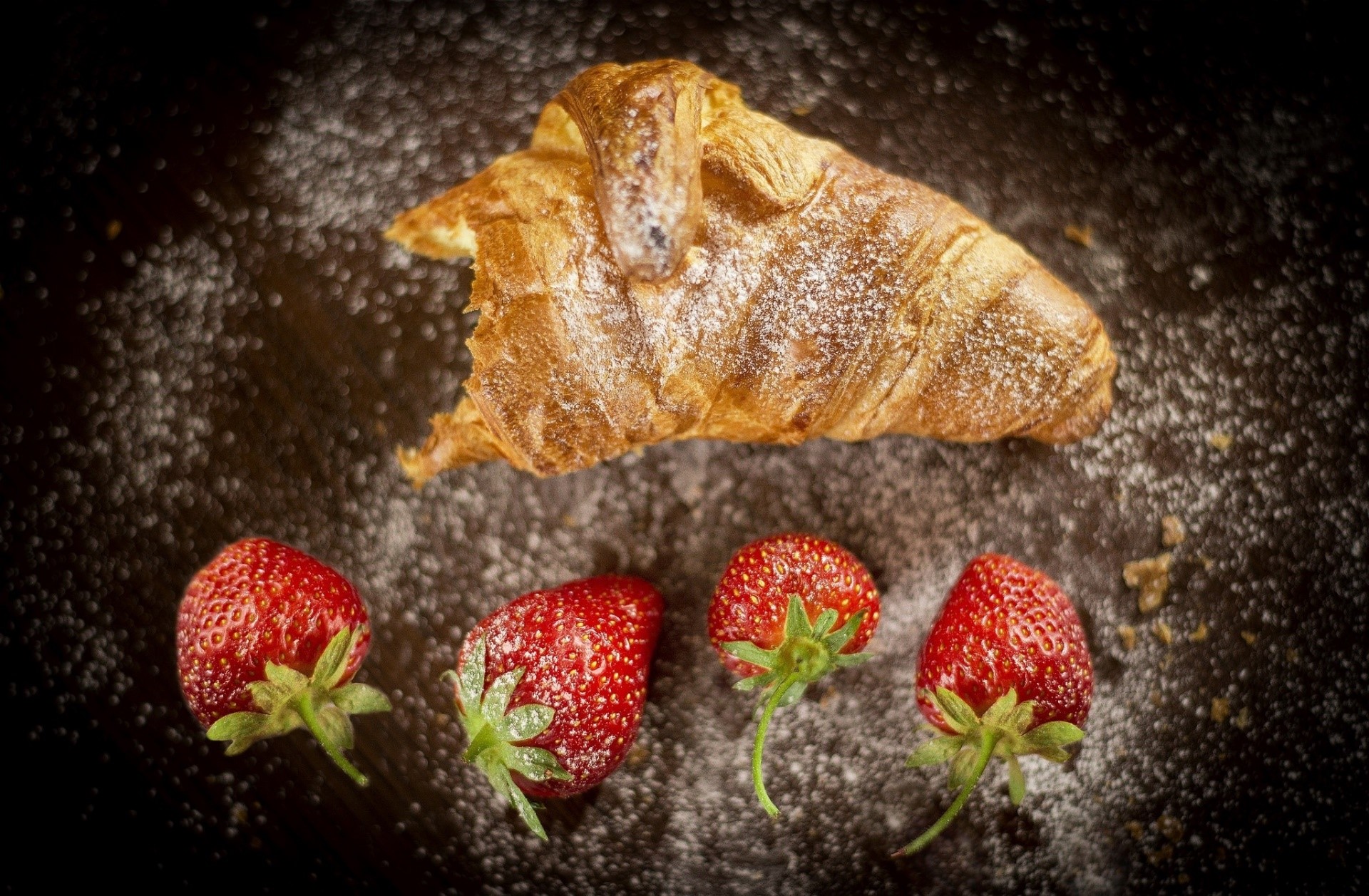 food, strawberries, croissants, fruit, sugar, HD Wallpaper