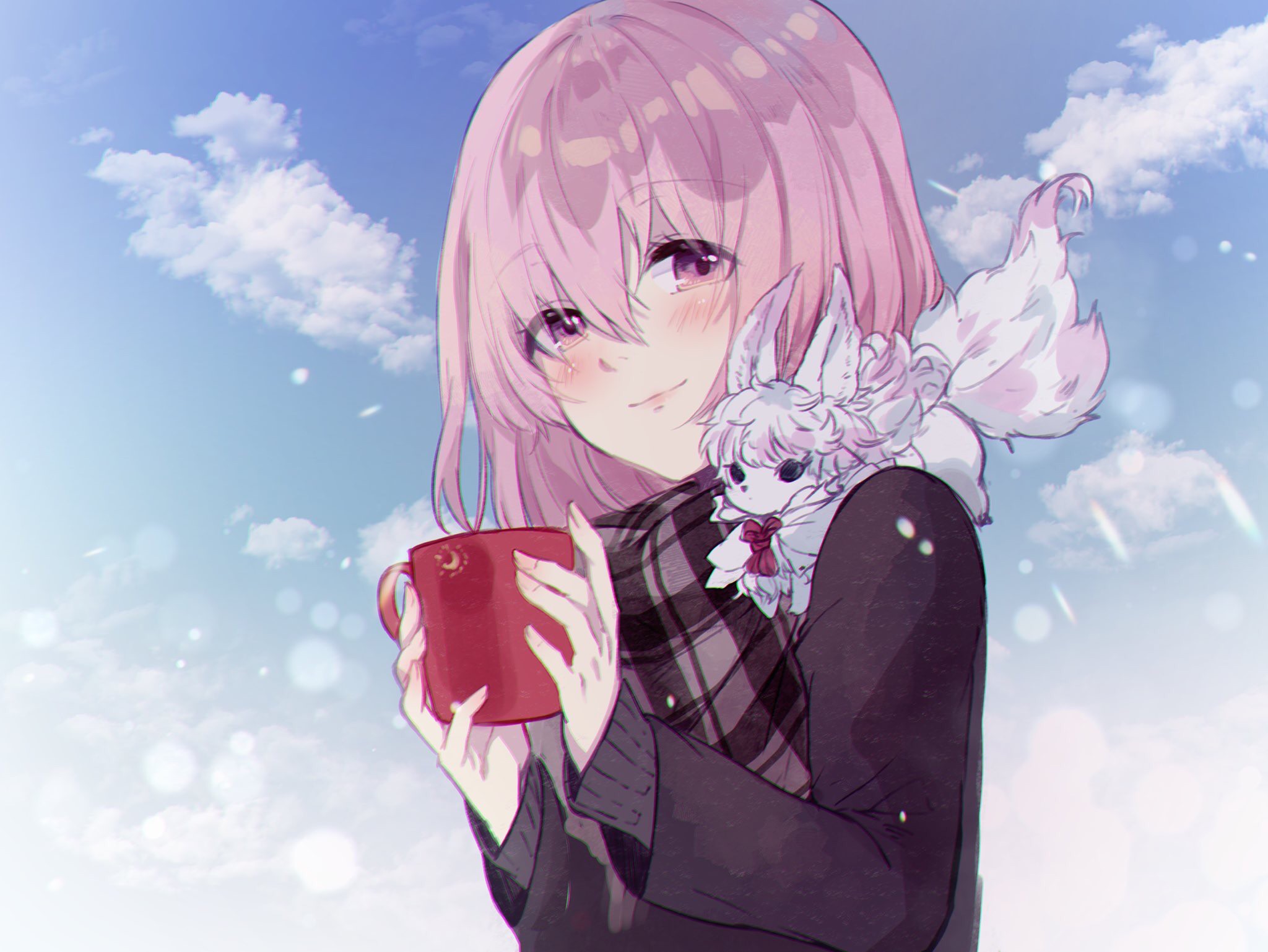 anime, anime girls, pink hair, pink eyes, cup, HD Wallpaper