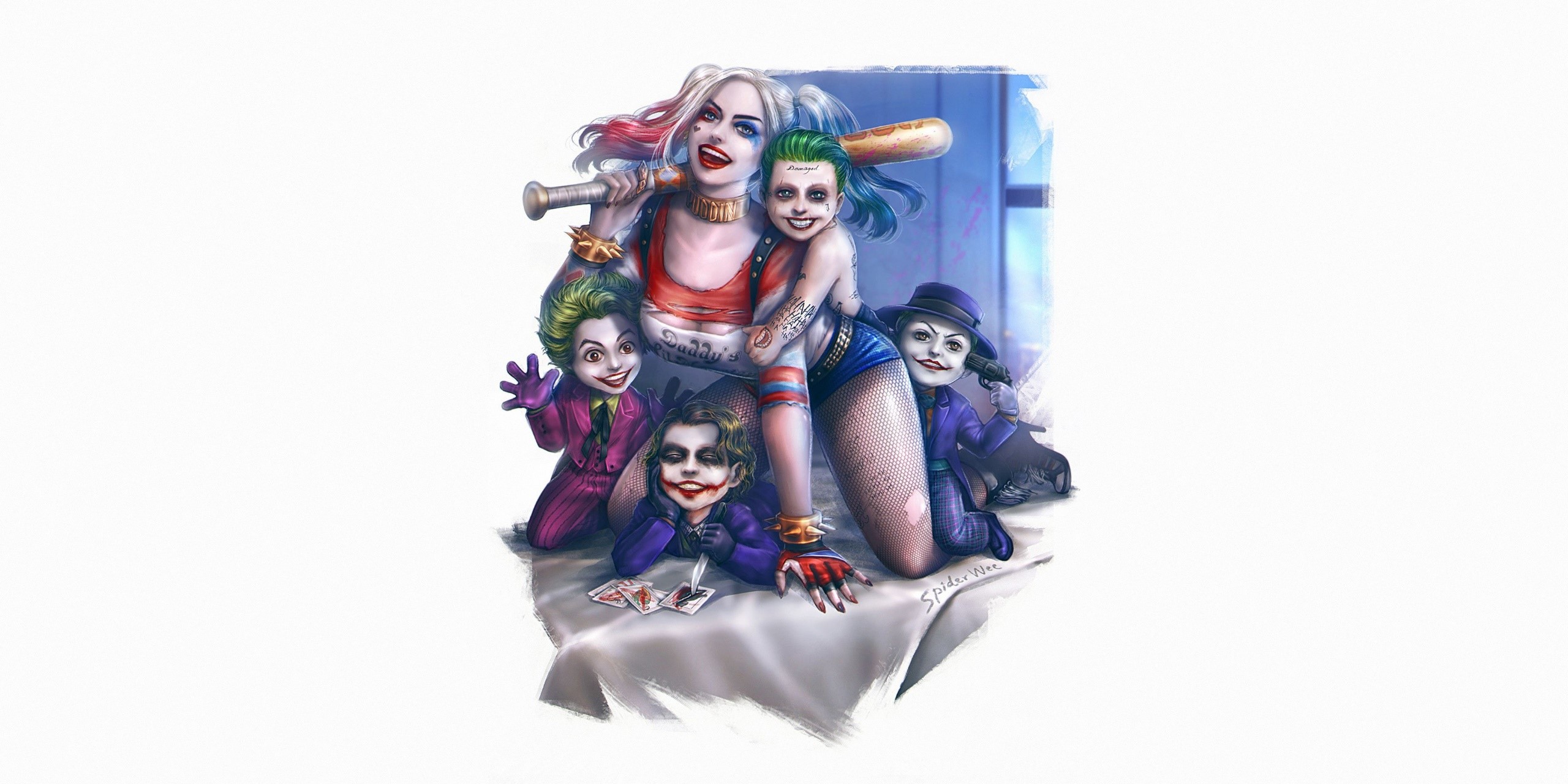 artwork, Harley Quinn, children, family, simple background, white background, HD Wallpaper