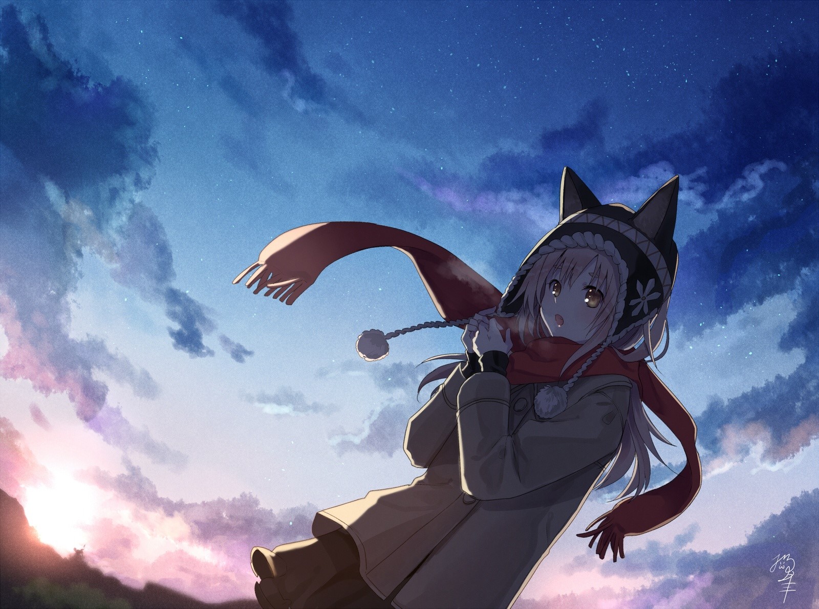 anime, anime girls, sky, cold, hat, yellow eyes, HD Wallpaper