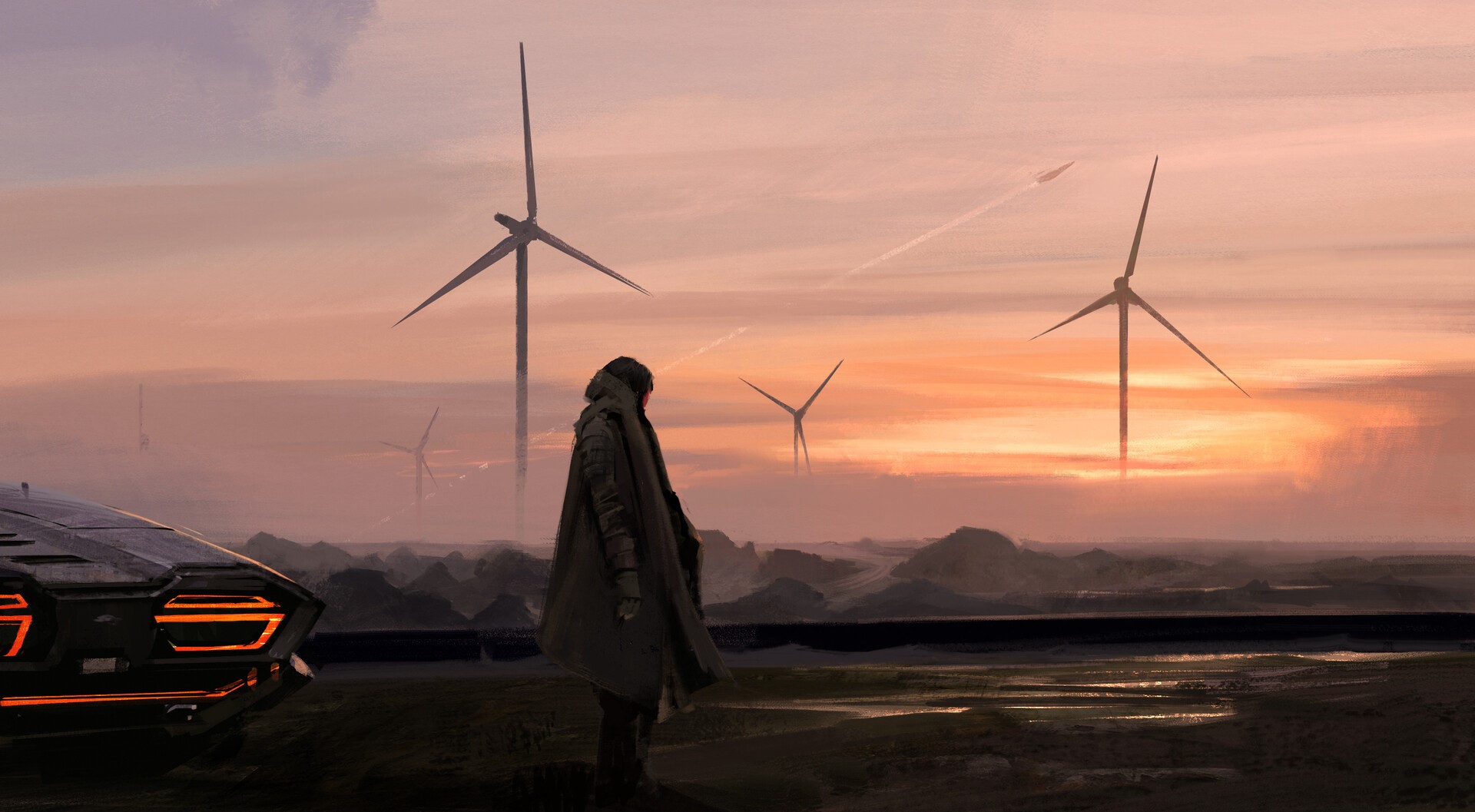 artwork, landscape, car, wind turbine, HD Wallpaper