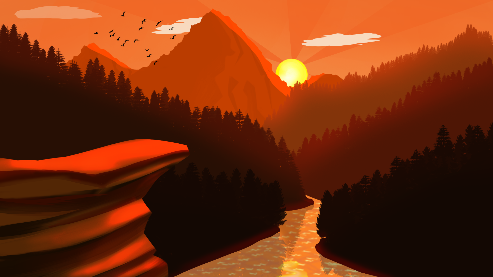 sunset, mountains, artwork, river, Sun, HD Wallpaper