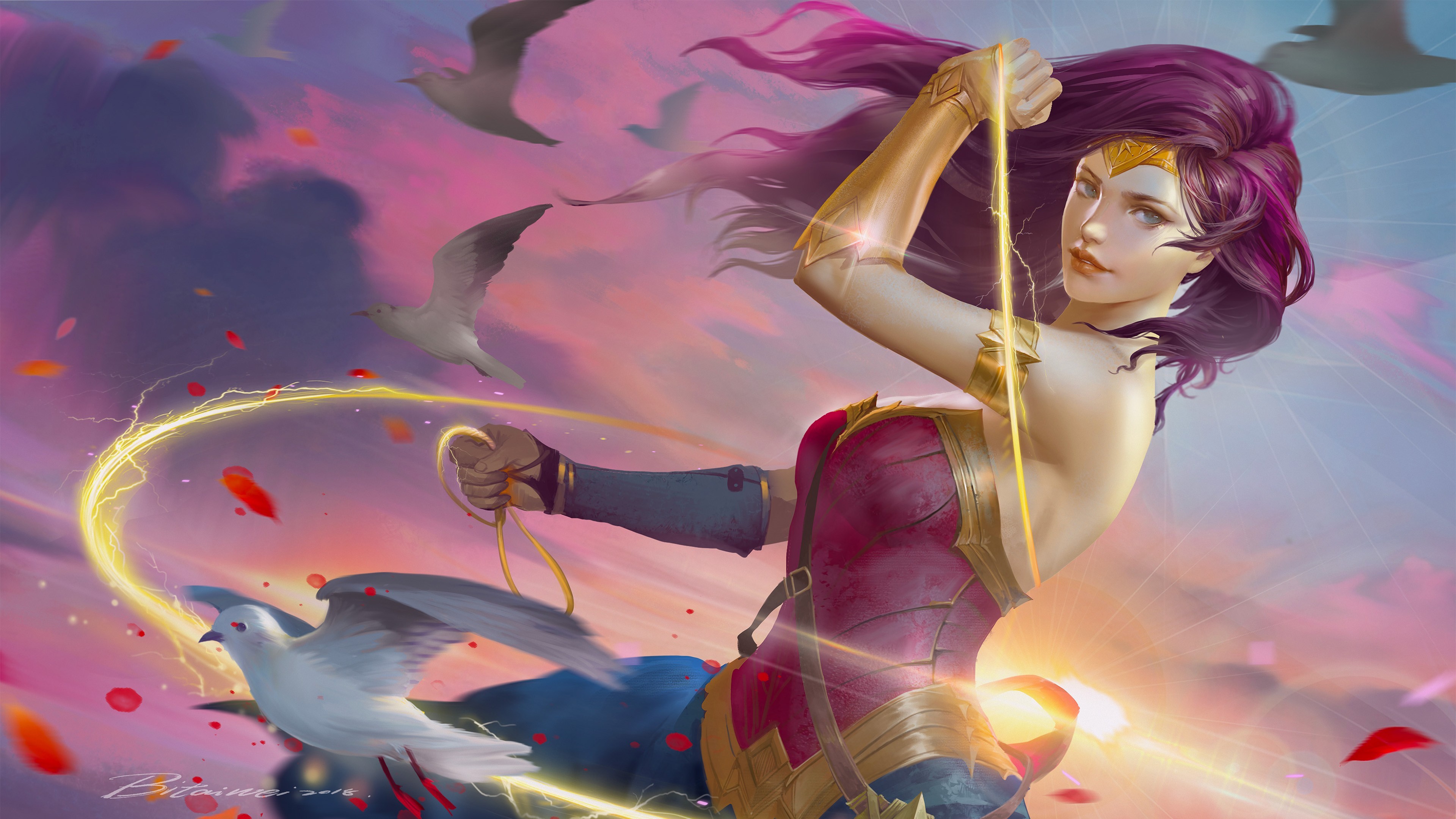 women, Wonder Woman, purple hair, birds, superheroines, fantasy girl, fantasy art, 2018 (Year), HD Wallpaper