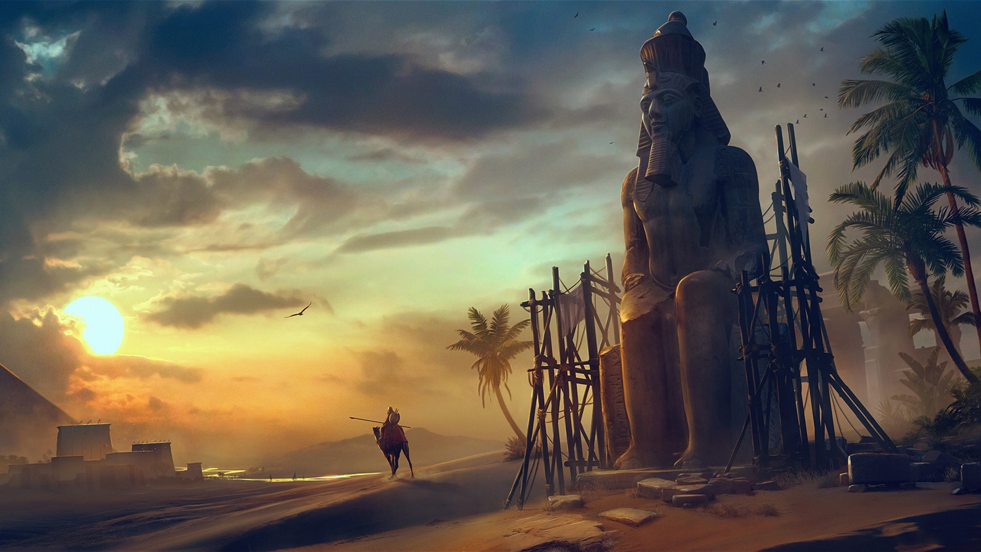 Egypt, artwork, fantasy art, sky, Sun, statue, HD Wallpaper