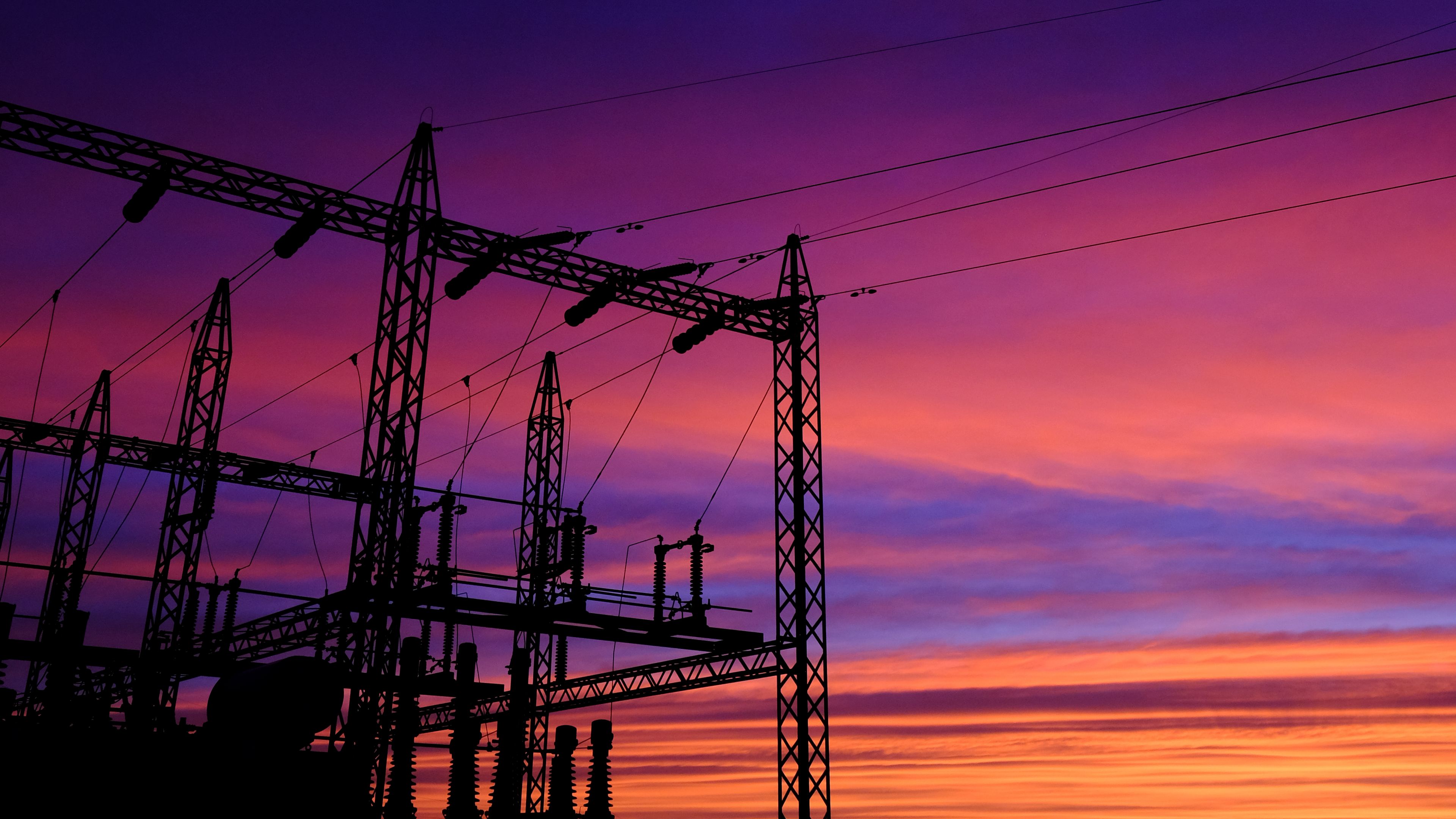 sunset, sky, wires, lines, pillars, 4k, HD Wallpaper