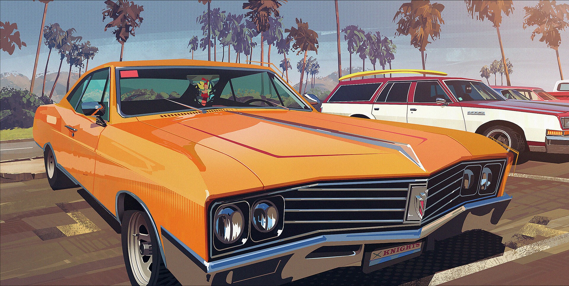 palm trees, car, digital, beach, artwork, HD Wallpaper