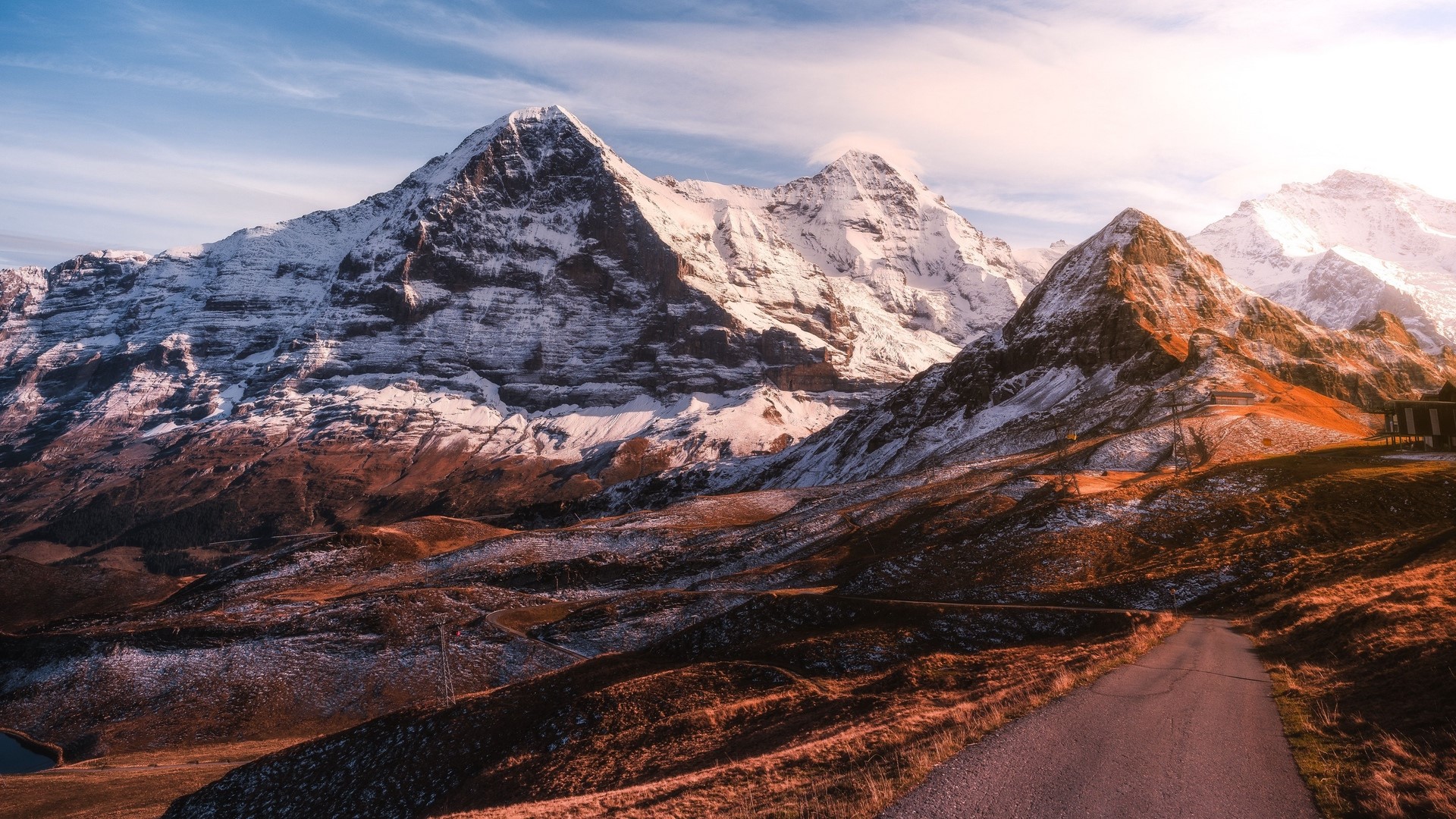 mountains, road, asphalt, peak, snowy peak, sky, Switzerland, HD Wallpaper