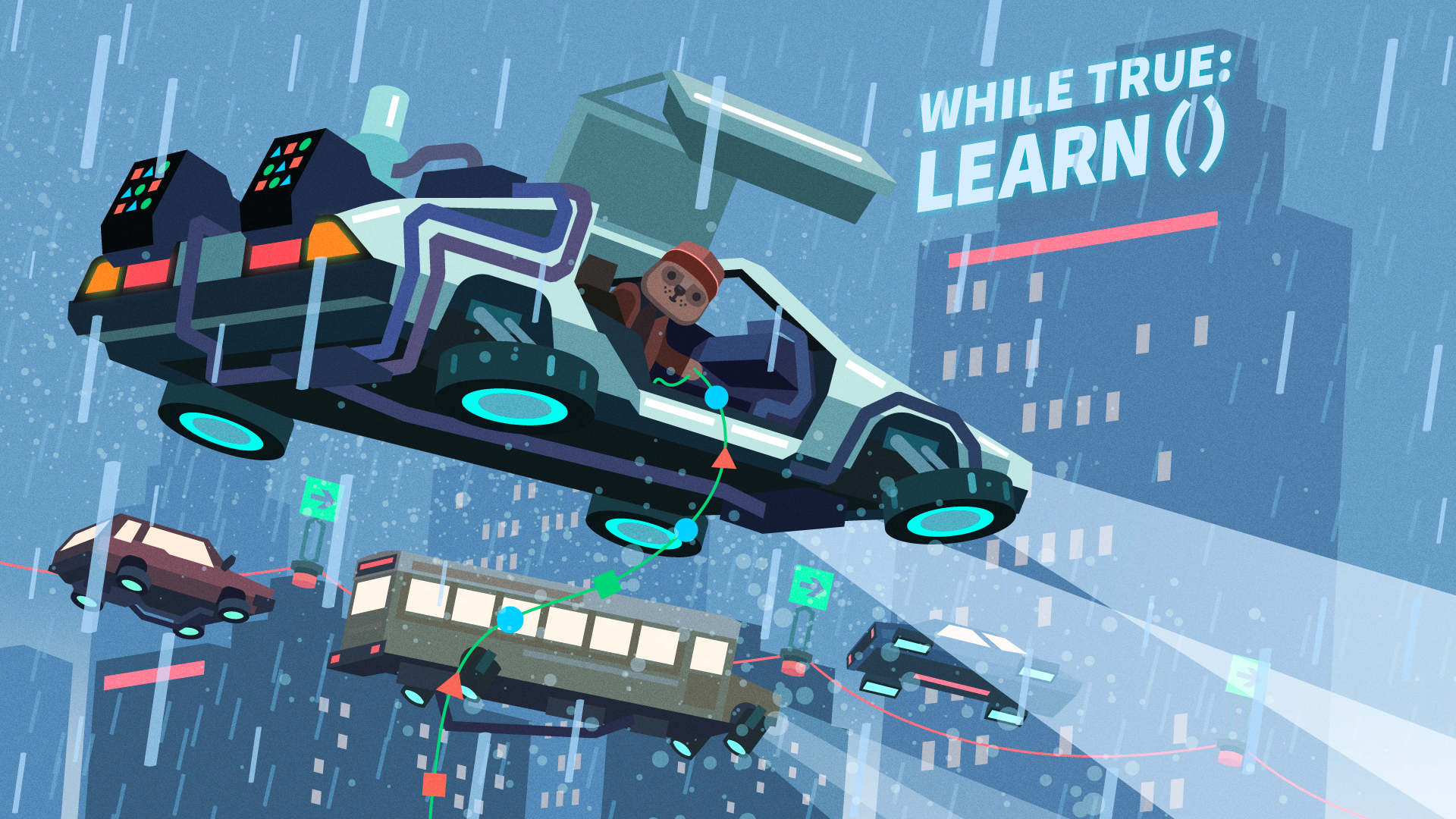 while True: learn(), video games, Time Machine, cyan, rain, artwork, HD Wallpaper