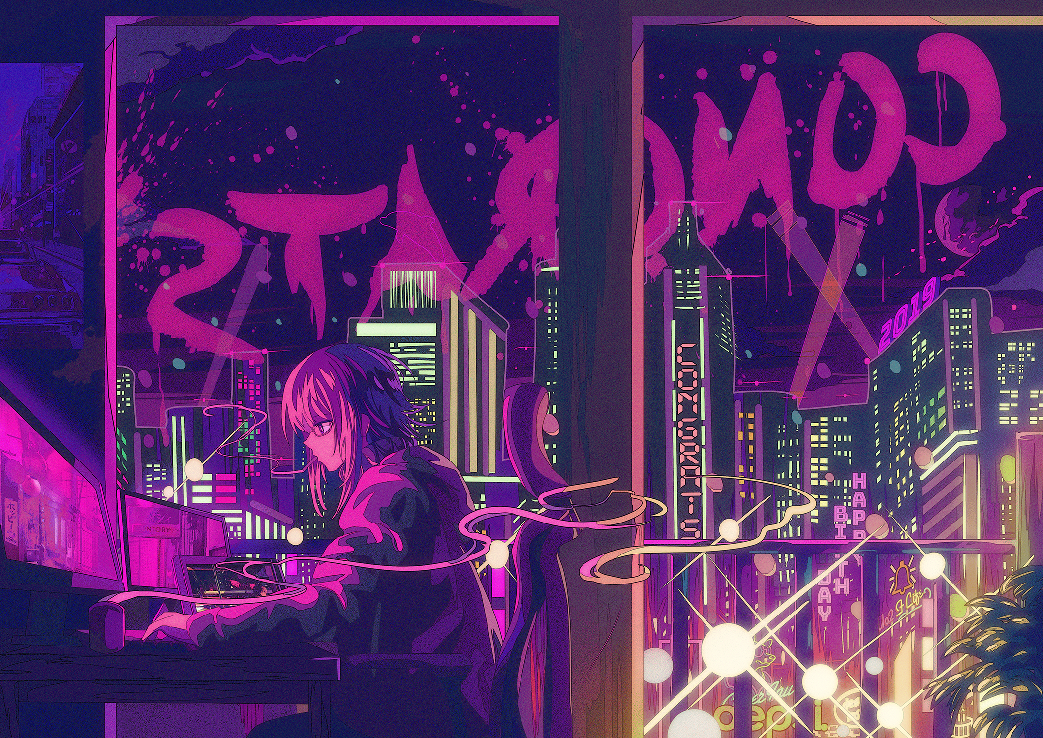 cigarettes, night, city, computer, polychrome, HD Wallpaper