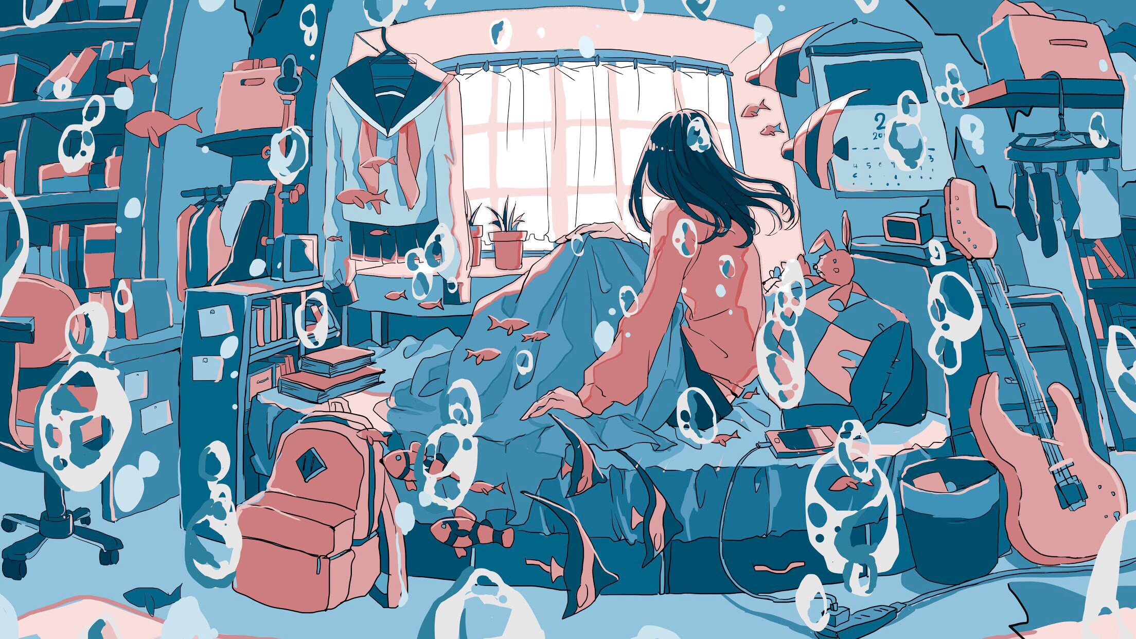 anime girls, anime, interior, room, guitar, fish, HD Wallpaper