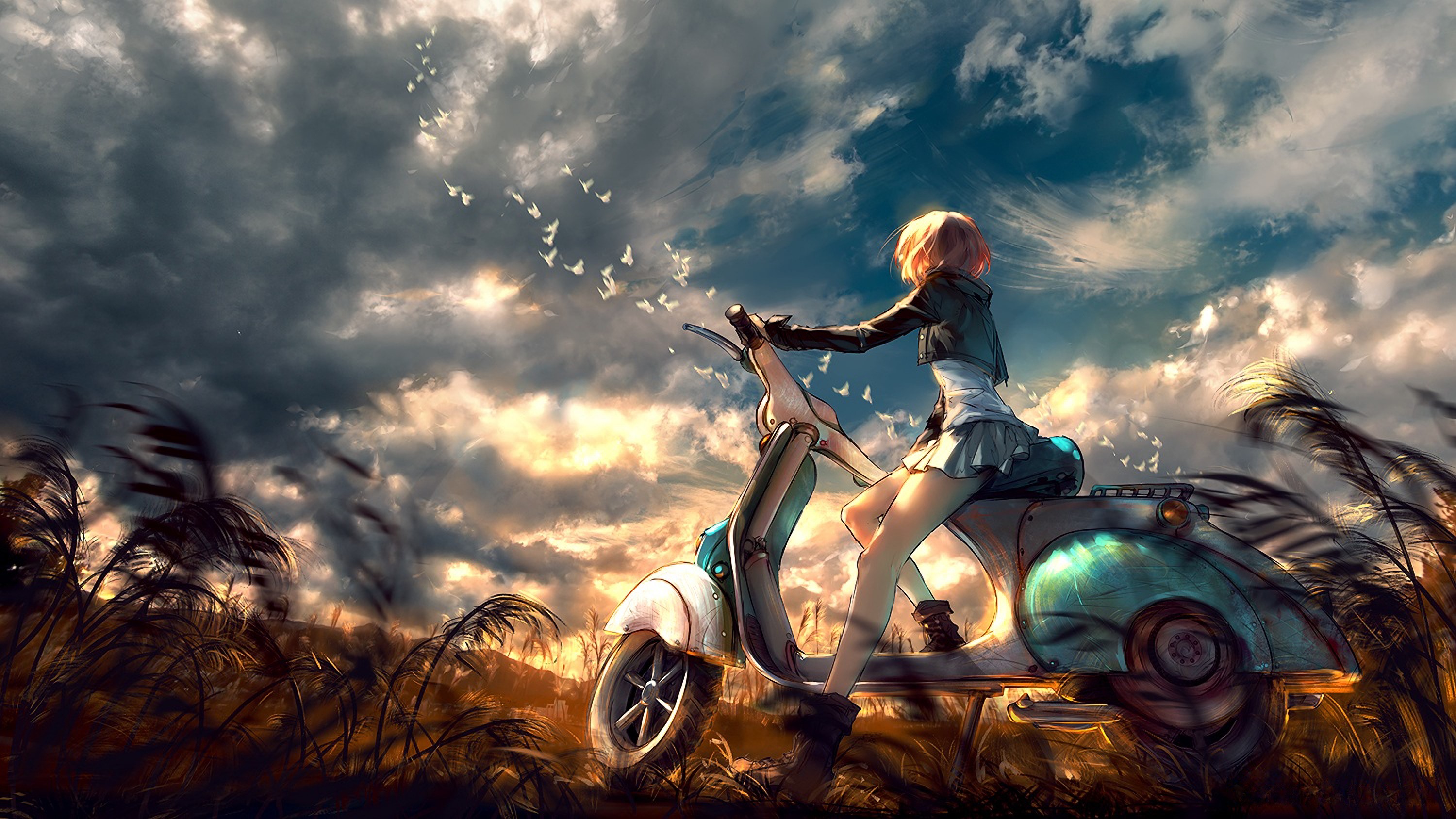 sky, clouds, anime girls, anime, vehicle, outdoors, miniskirt, HD Wallpaper