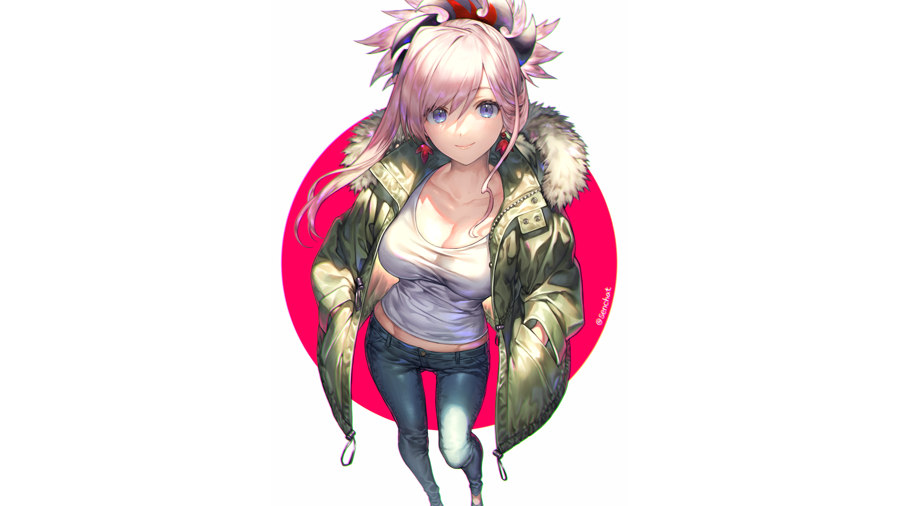 Miyamoto Musashi (fate/grand order), Fate/Grand Order, Fate Series, anime girls, women, pink hair, looking at viewer, blue eyes, smiling, earring, cleavage, T-shirt, belly, jeans, jacket, casual, fan art, artwork, circle, digital art, 2D, illustration, drawing, white background, simple background, blushing, anime, HD Wallpaper