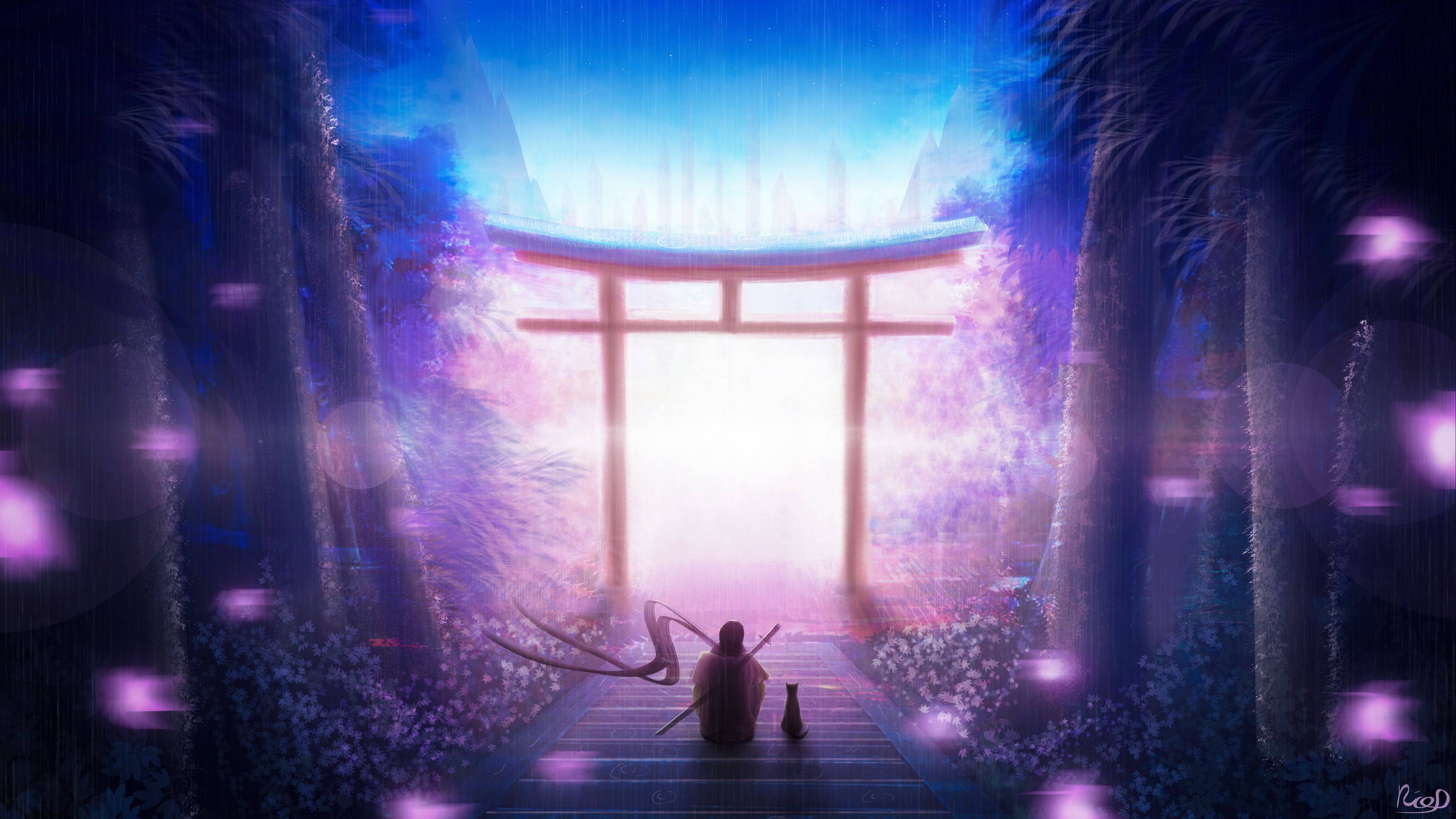 torii, art, solitude, night, warrior, 4k, HD Wallpaper