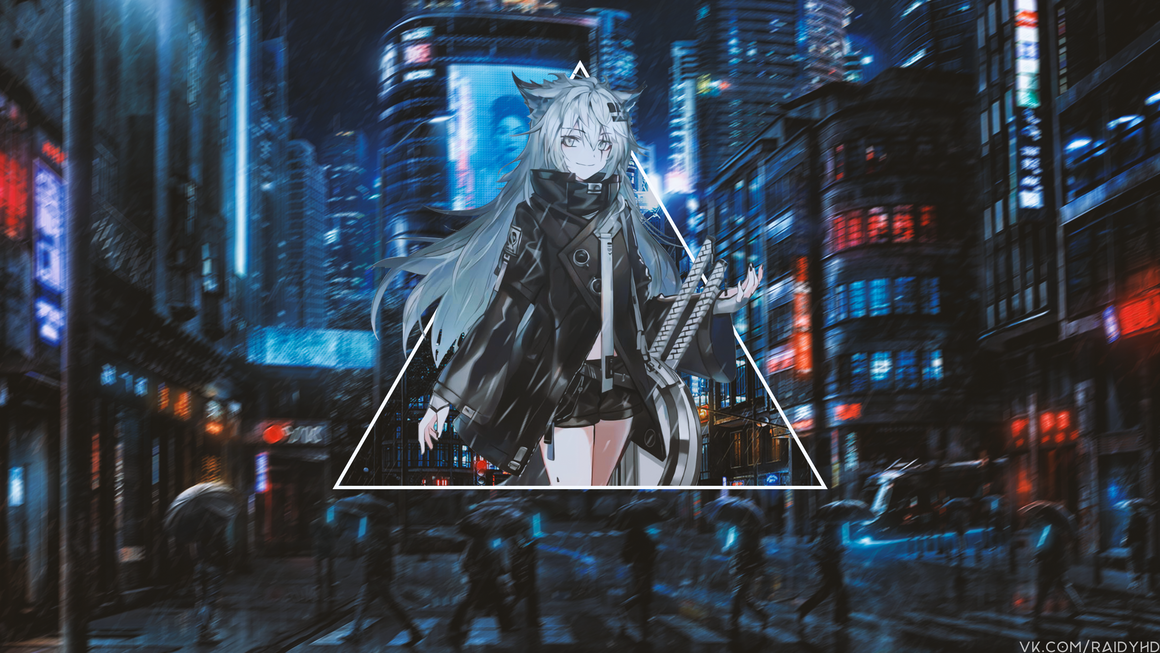 anime girls, anime, picture-in-picture, urban, city, rain, long hair, HD Wallpaper