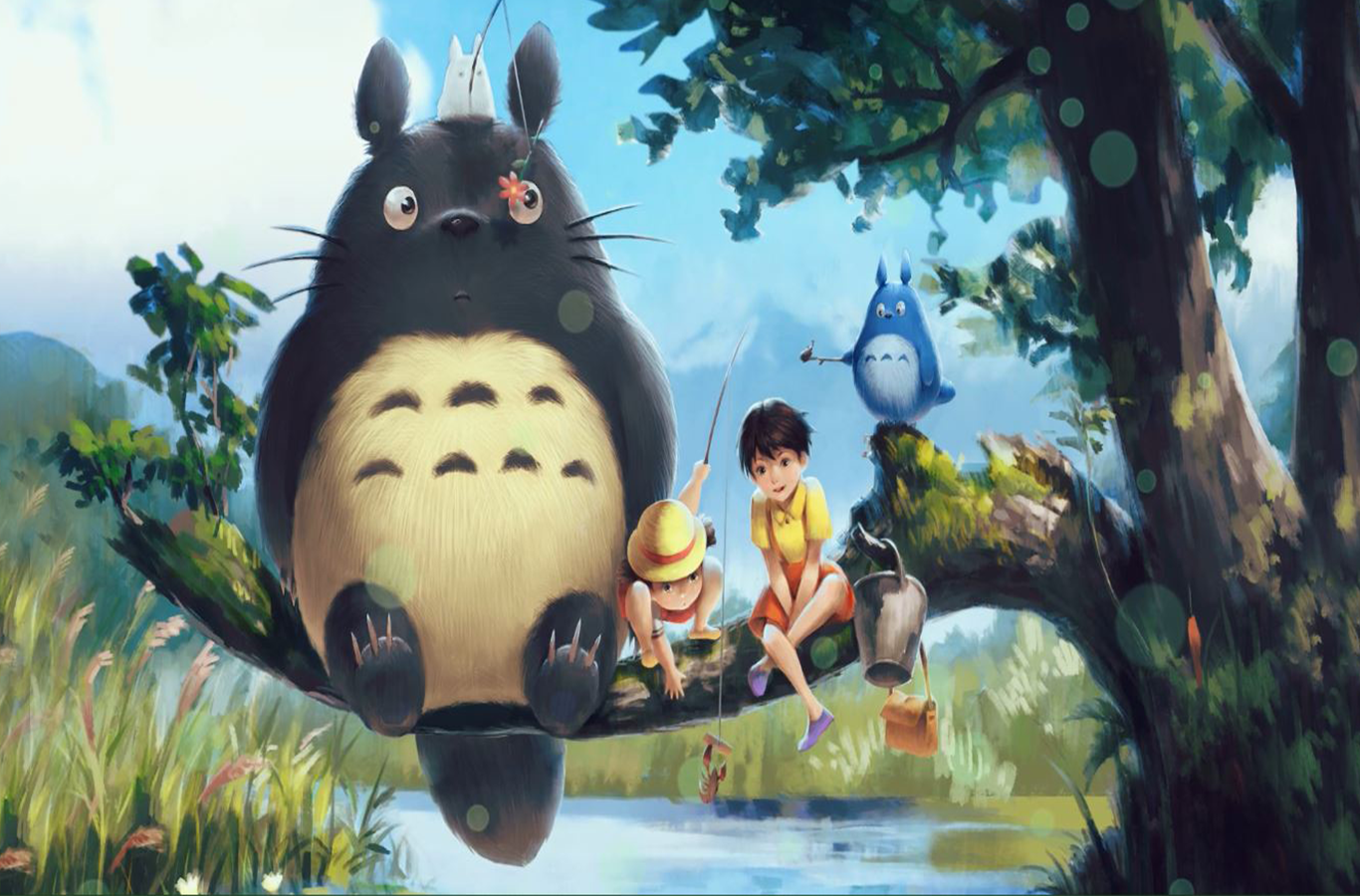 My Neighbor Totoro, anime, Studio Ghibli, trees, fishing rod, HD Wallpaper