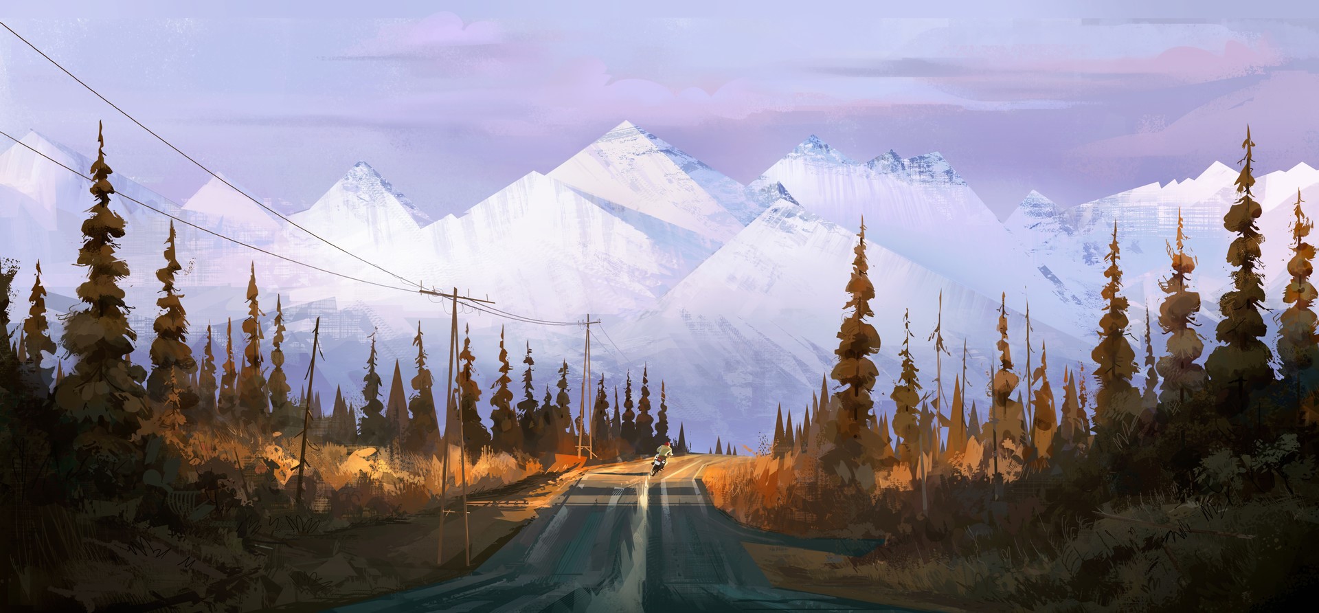 mountains, road, landscape, bikes, artwork, digital, HD Wallpaper