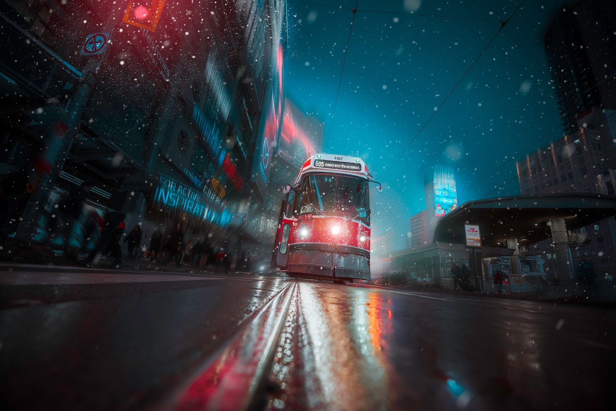 Toronto, vehicle, night, city, lights, tram, HD Wallpaper