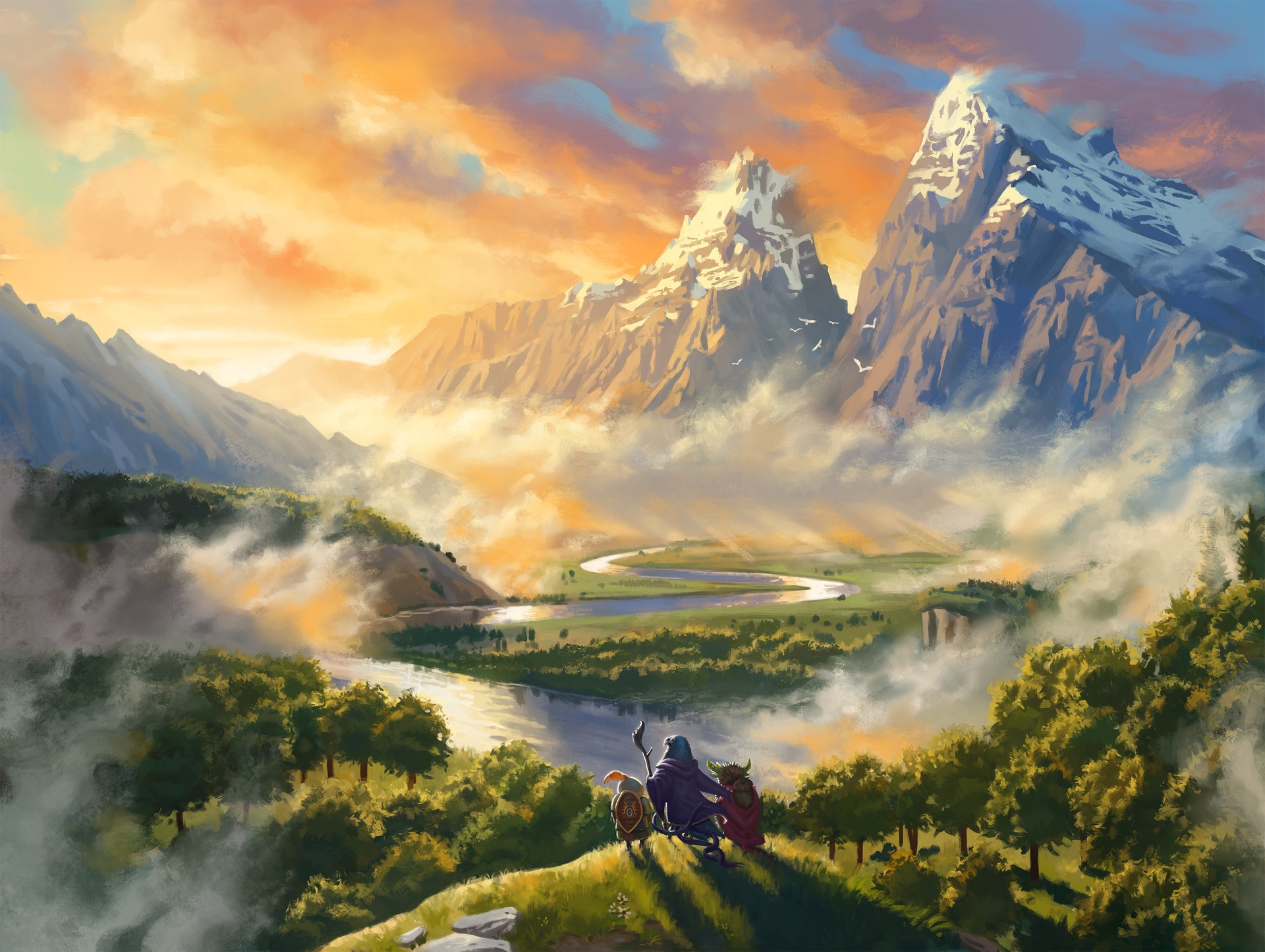 landscape, fantasy art, artwork, illustration, digital, mountains, clouds, forest, HD Wallpaper