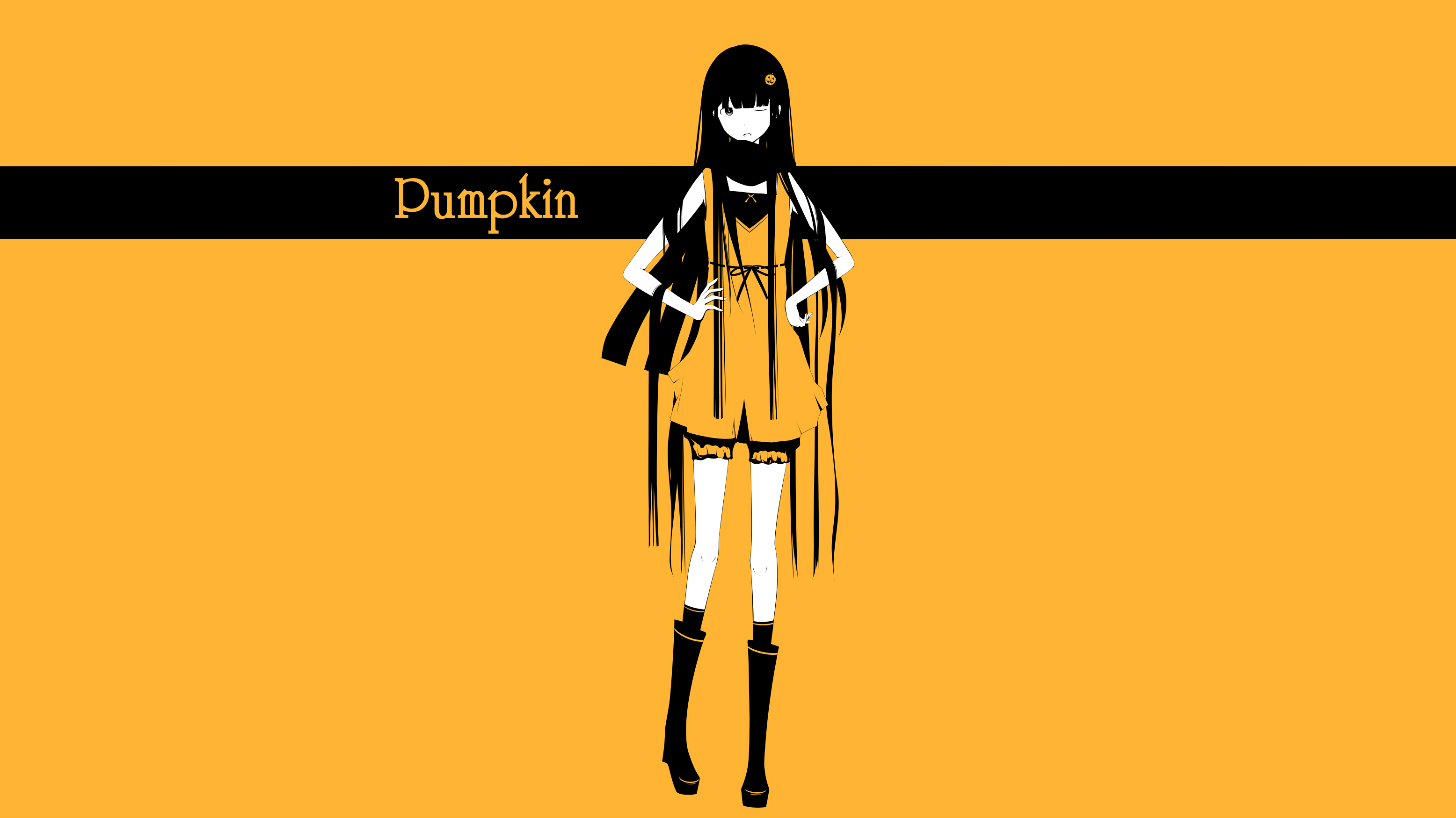anime girls, original characters, simple background, long hair, shorts, scarf, dress, yellow, yellow background, HD Wallpaper