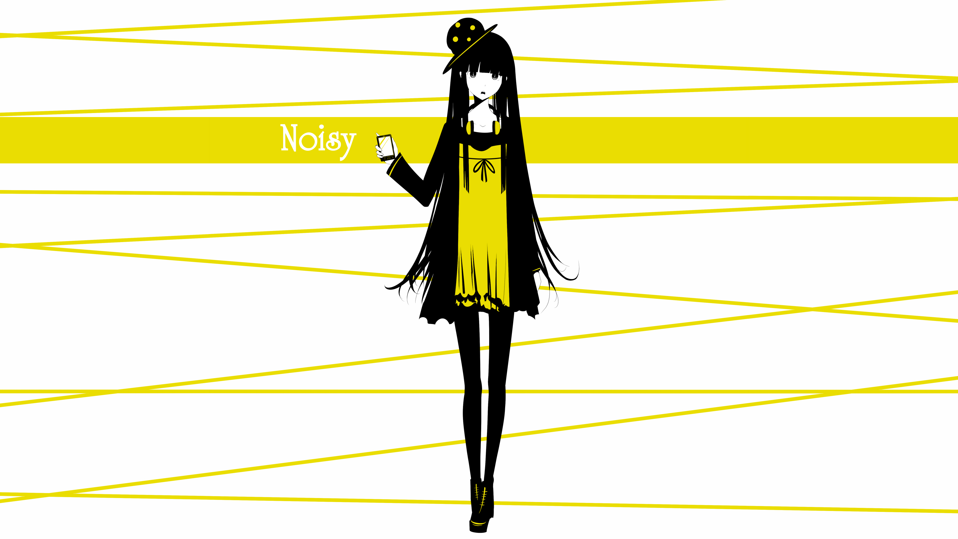 anime girls, simple background, long hair, cellphone, hat, dress, pantyhose, headphones, original characters, HD Wallpaper