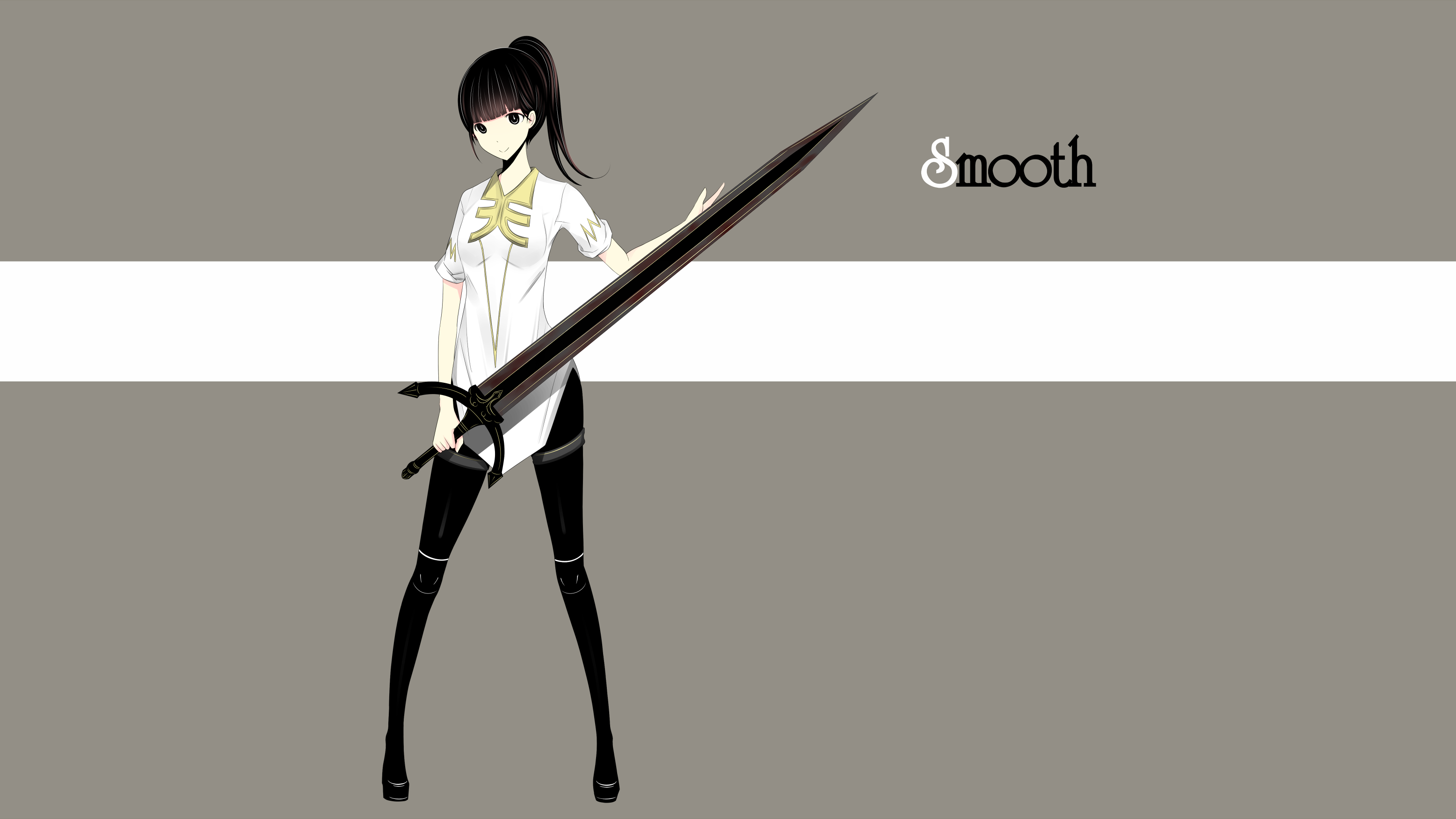 anime girls, original characters, long hair, shirt, simple background, weapon, sword, pants, HD Wallpaper