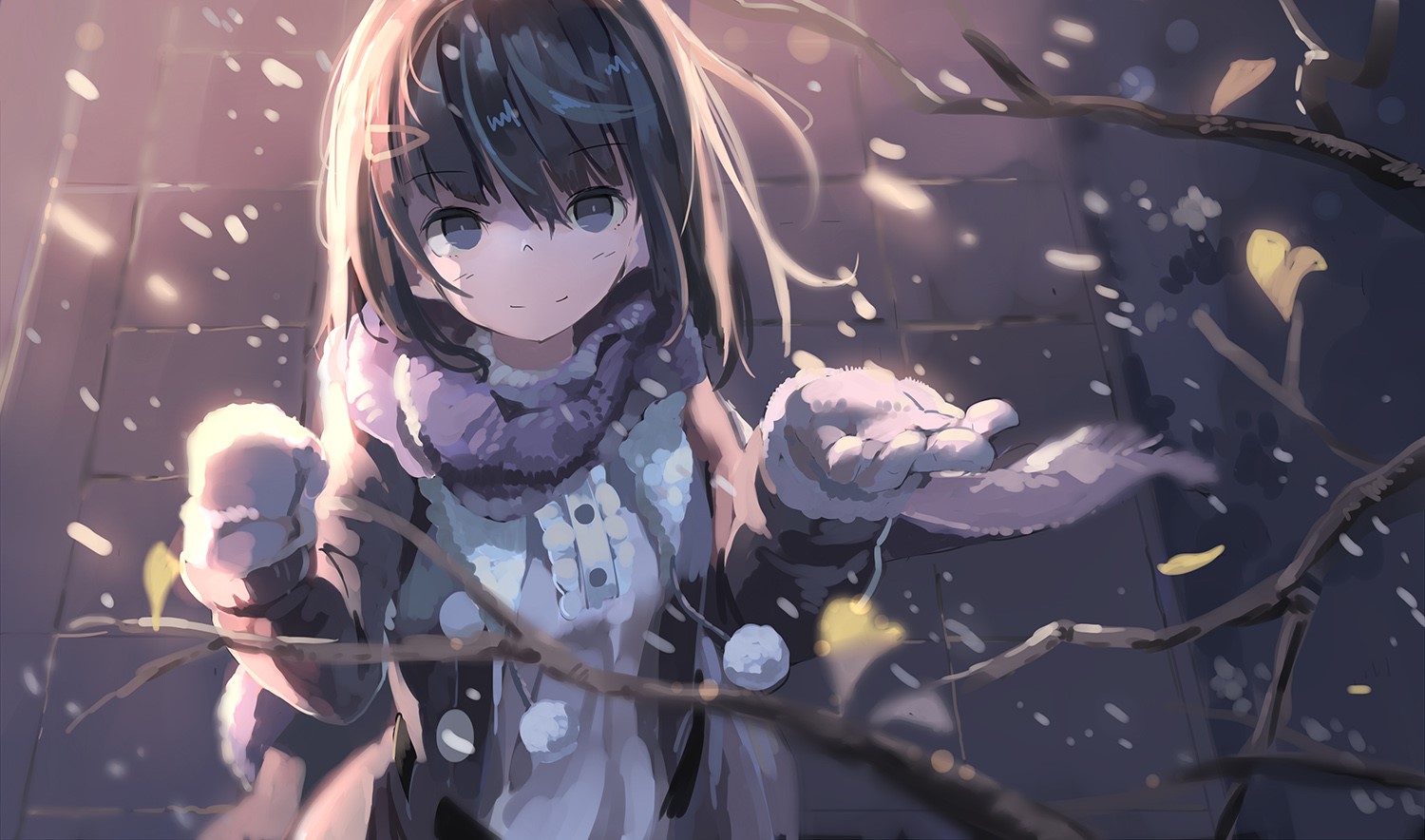 anime, anime girls, twigs, snow, outdoors, HD Wallpaper