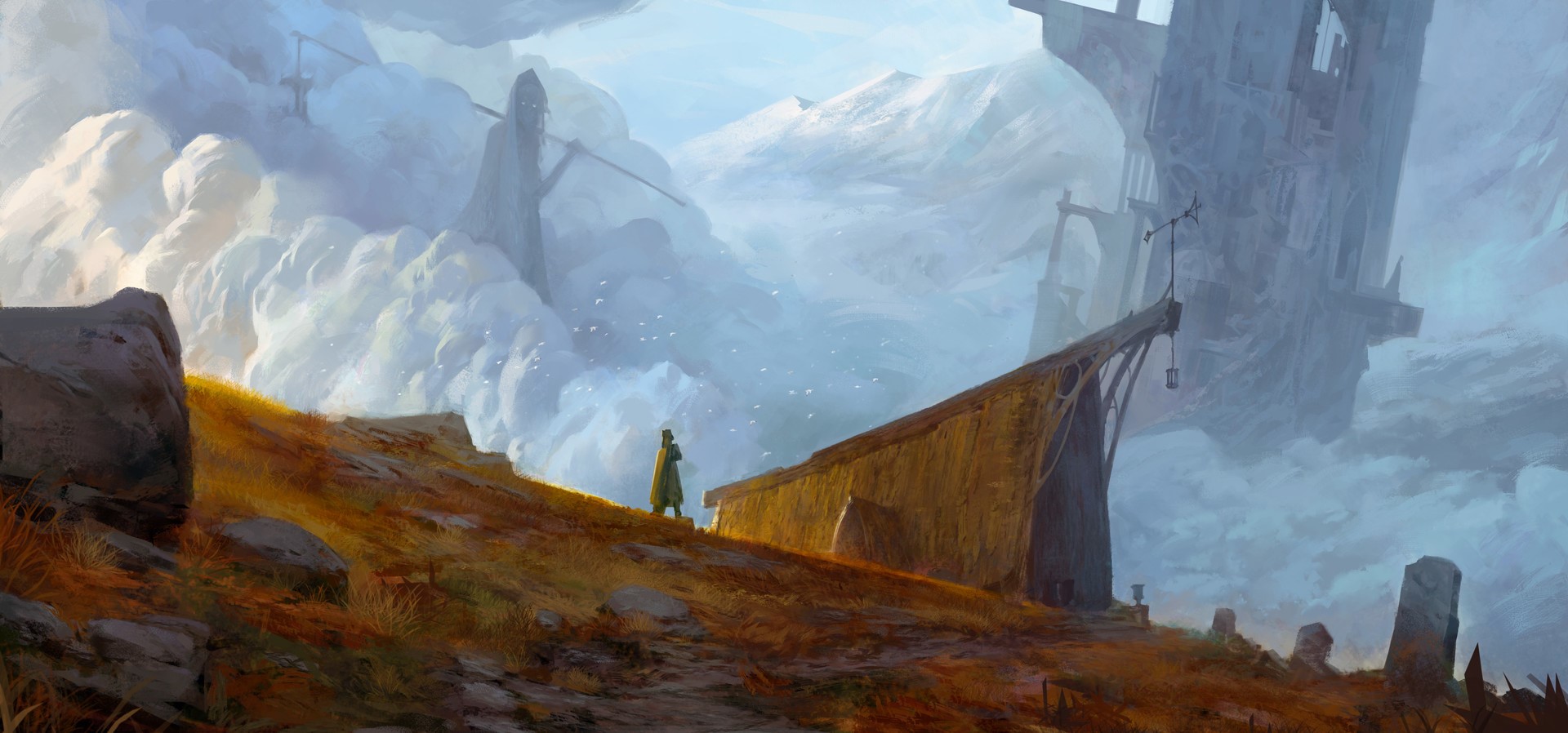 environment, giant, fantasy art, mountains, ruins, clouds, tombstones, HD Wallpaper