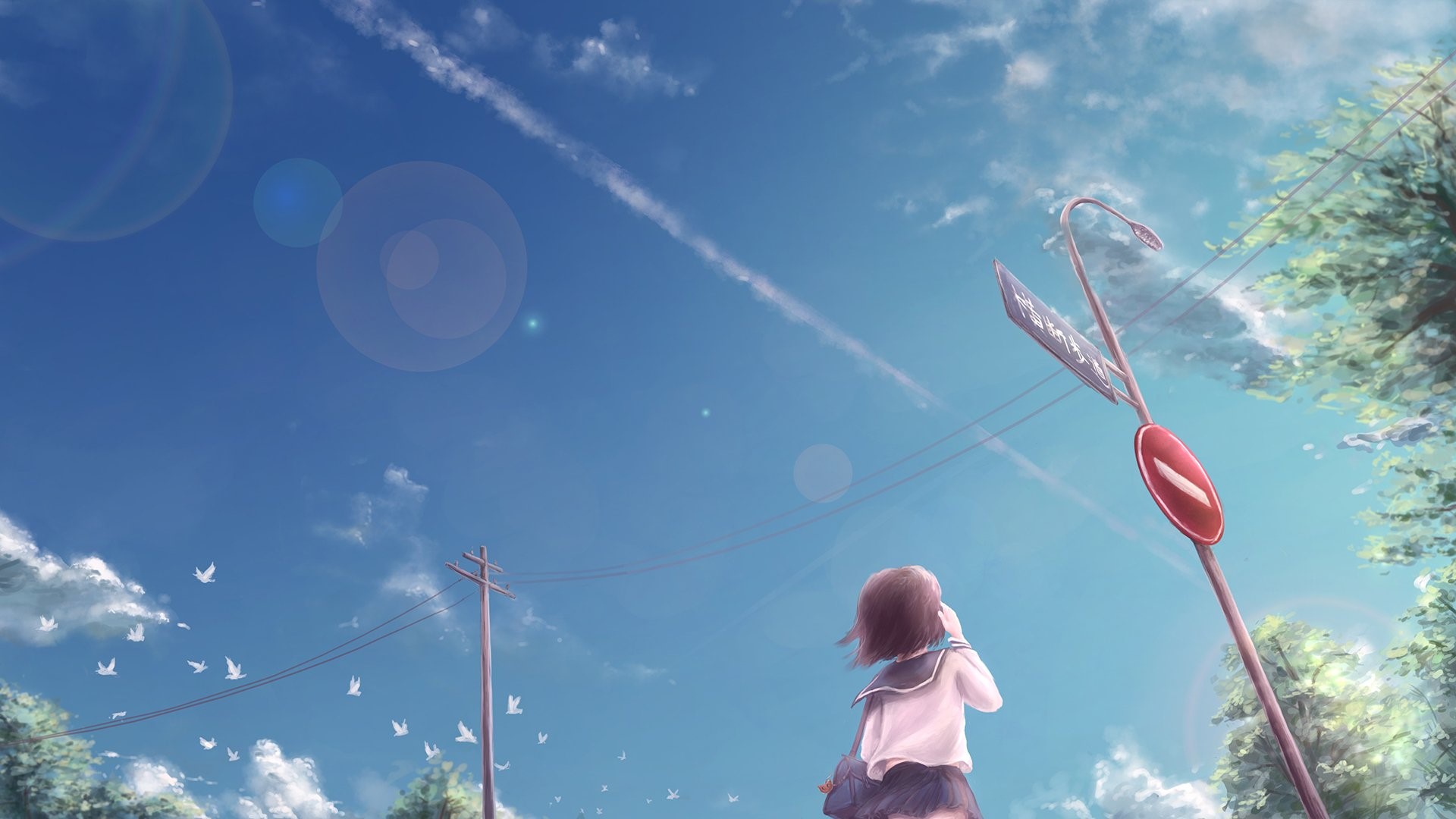 anime girls, sign, sky, birds, anime, HD Wallpaper