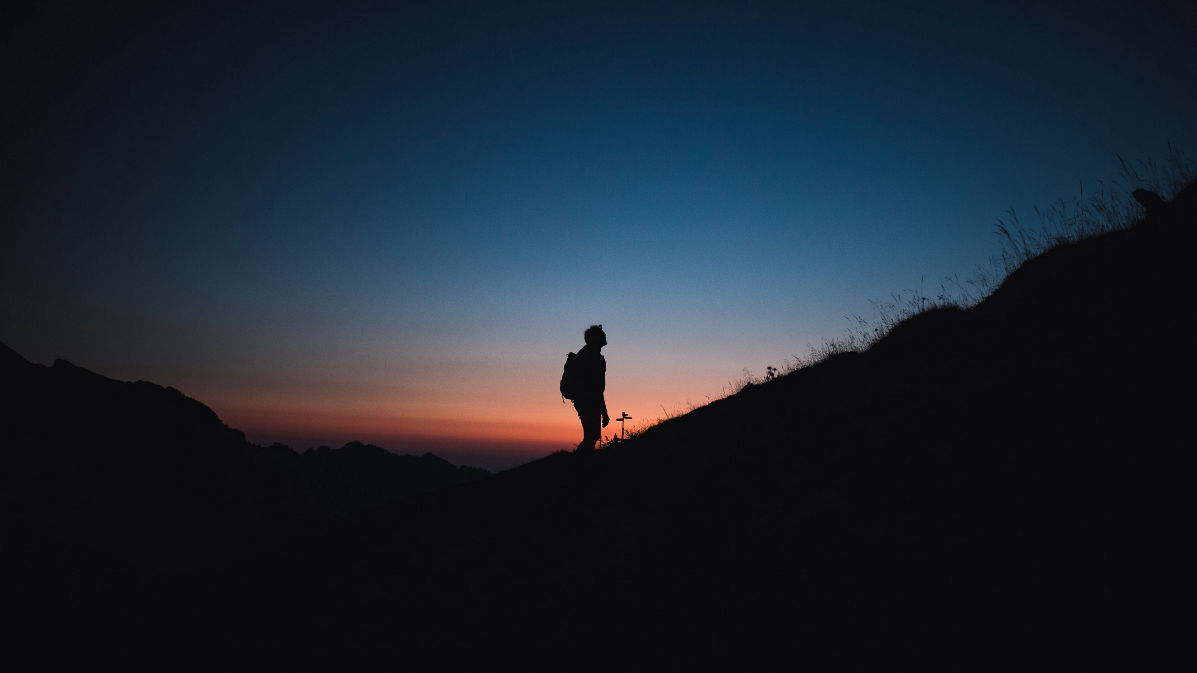 silhouette, lonely, mountain, night, travel, 4k, HD Wallpaper