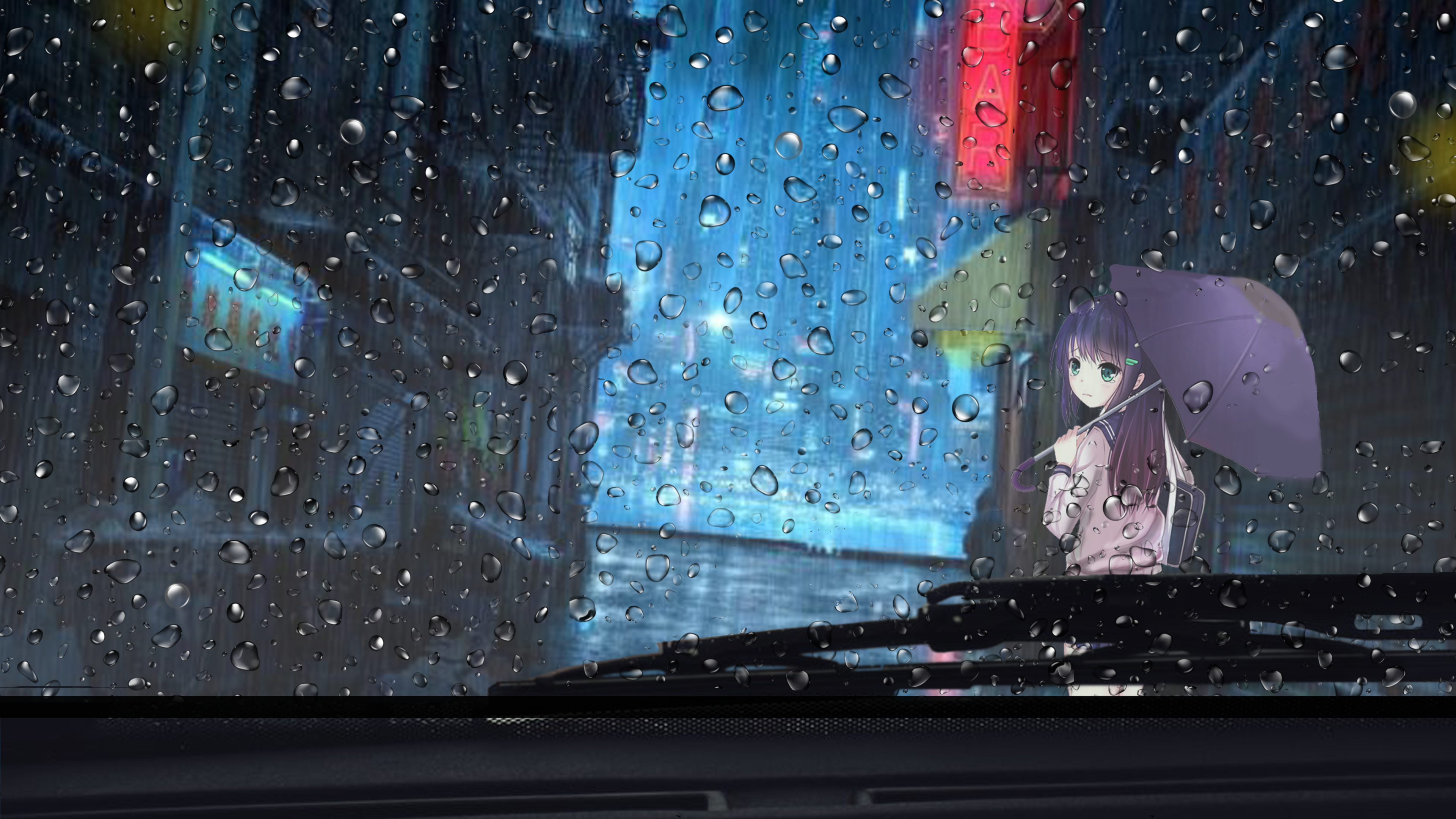 anime, anime girls, Japan, rain, Photoshop, cartoon, night, fan art, HD Wallpaper