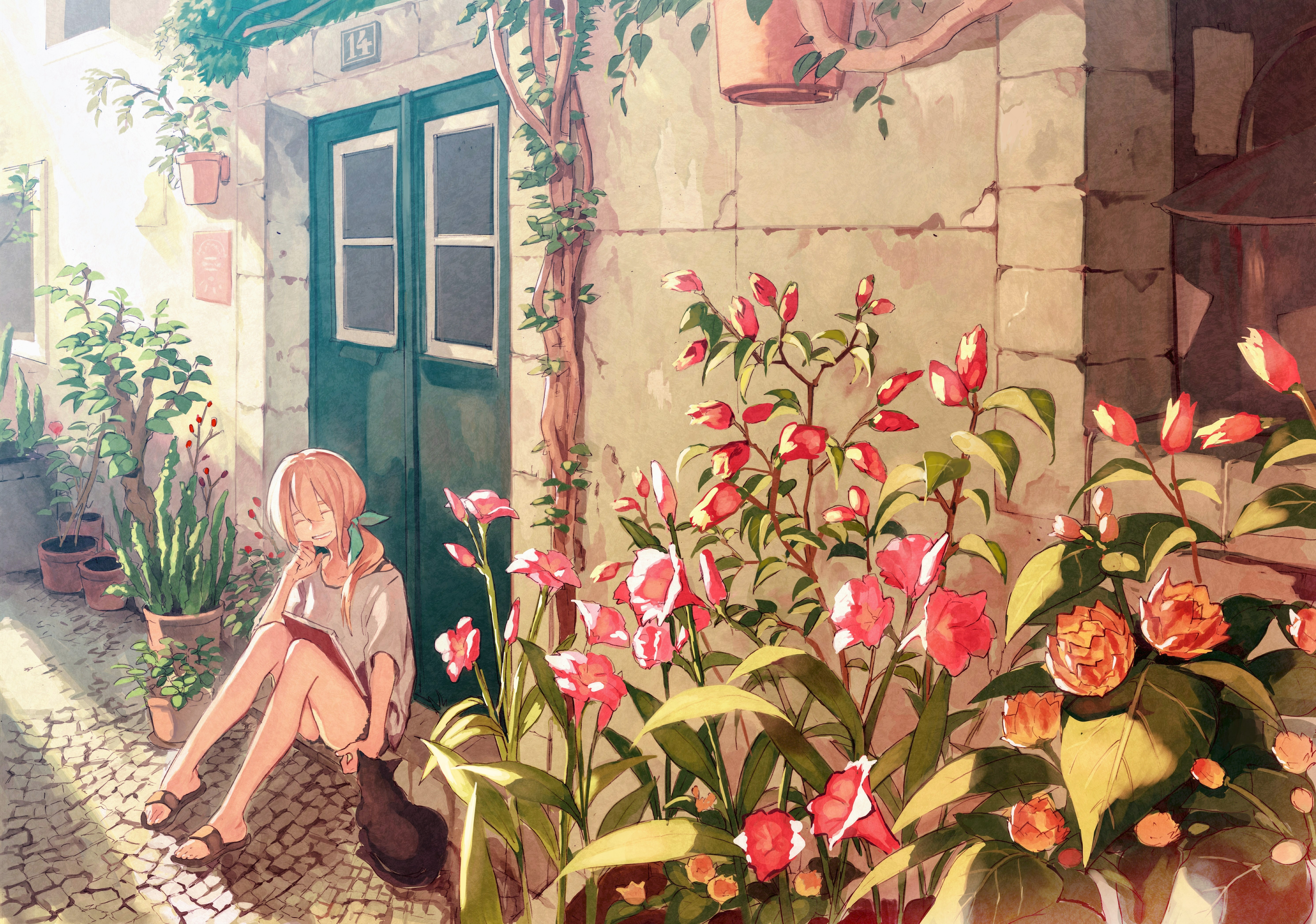 flowers, smiling, anime girls, legs, cats, plants, anime, outdoors, house, HD Wallpaper
