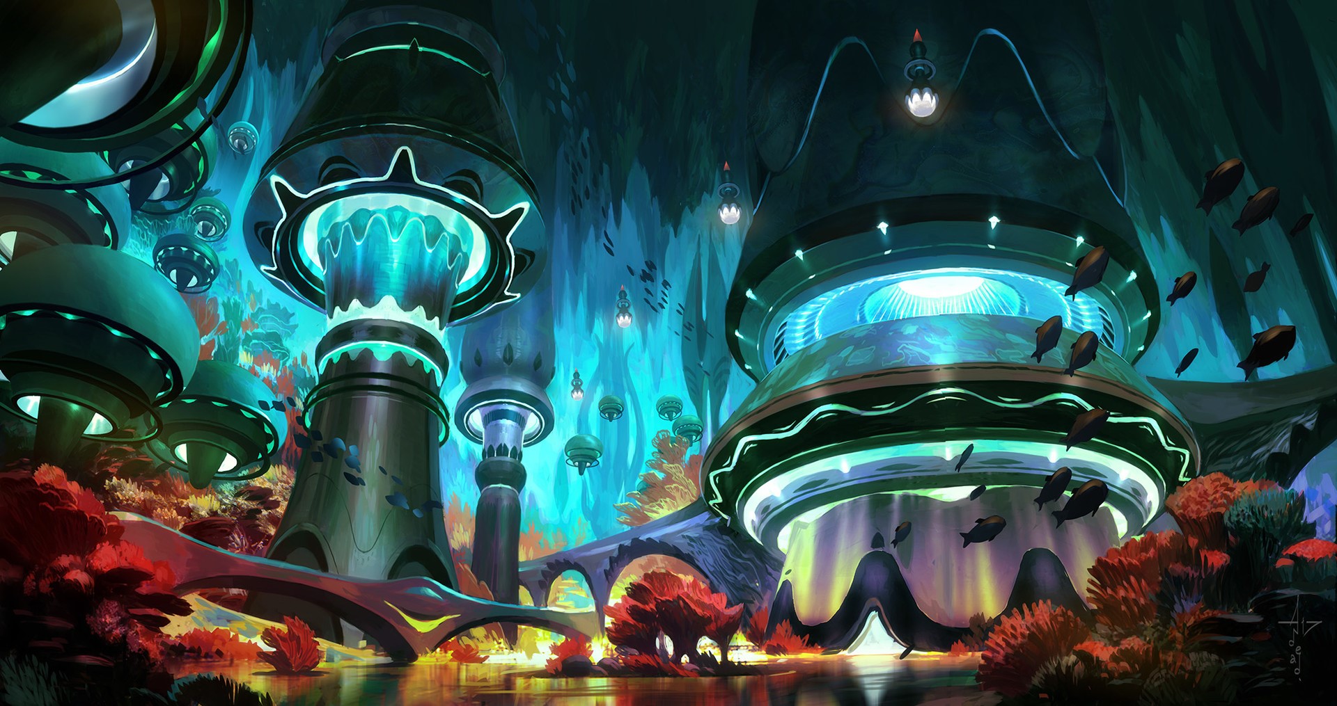 Andead, underwater, fish, fantasy art, coral, cyan, HD Wallpaper